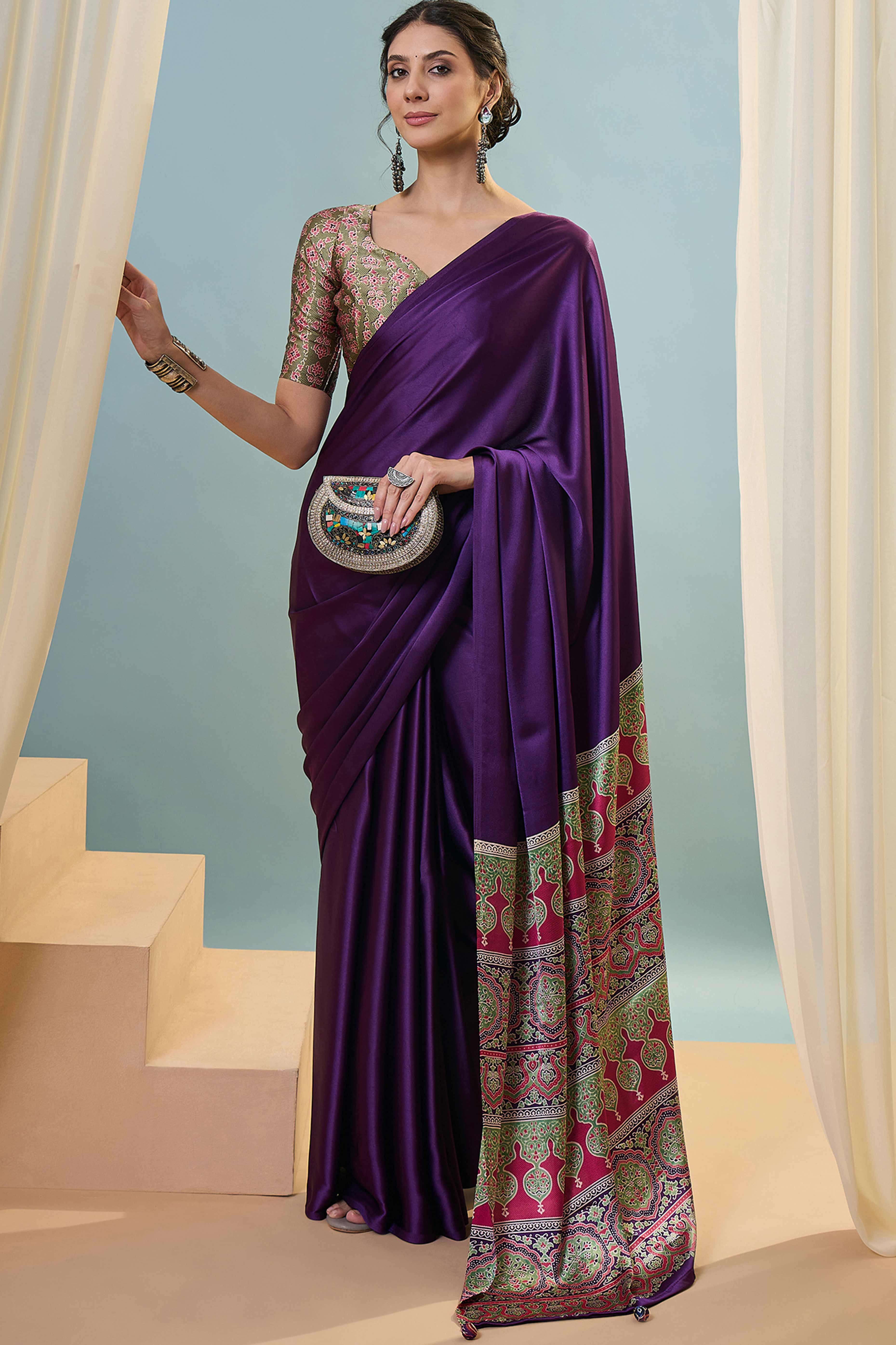 Purple Solid Modal Satin Saree Highlighted With Classic Ajrakh Pallu Design