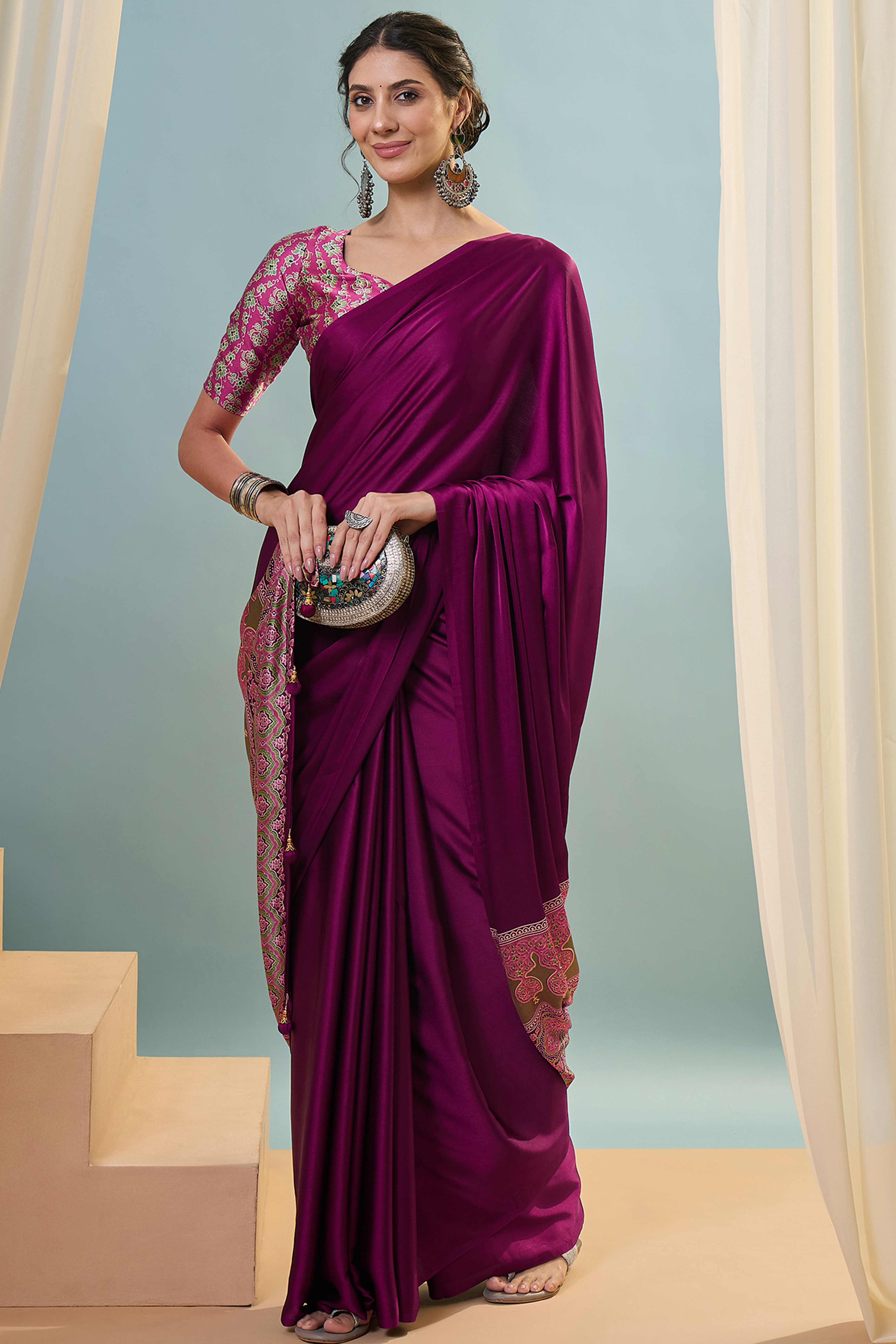Magenta Solid Modal Satin Saree Highlighted With Classic Ajrakh Pallu Design