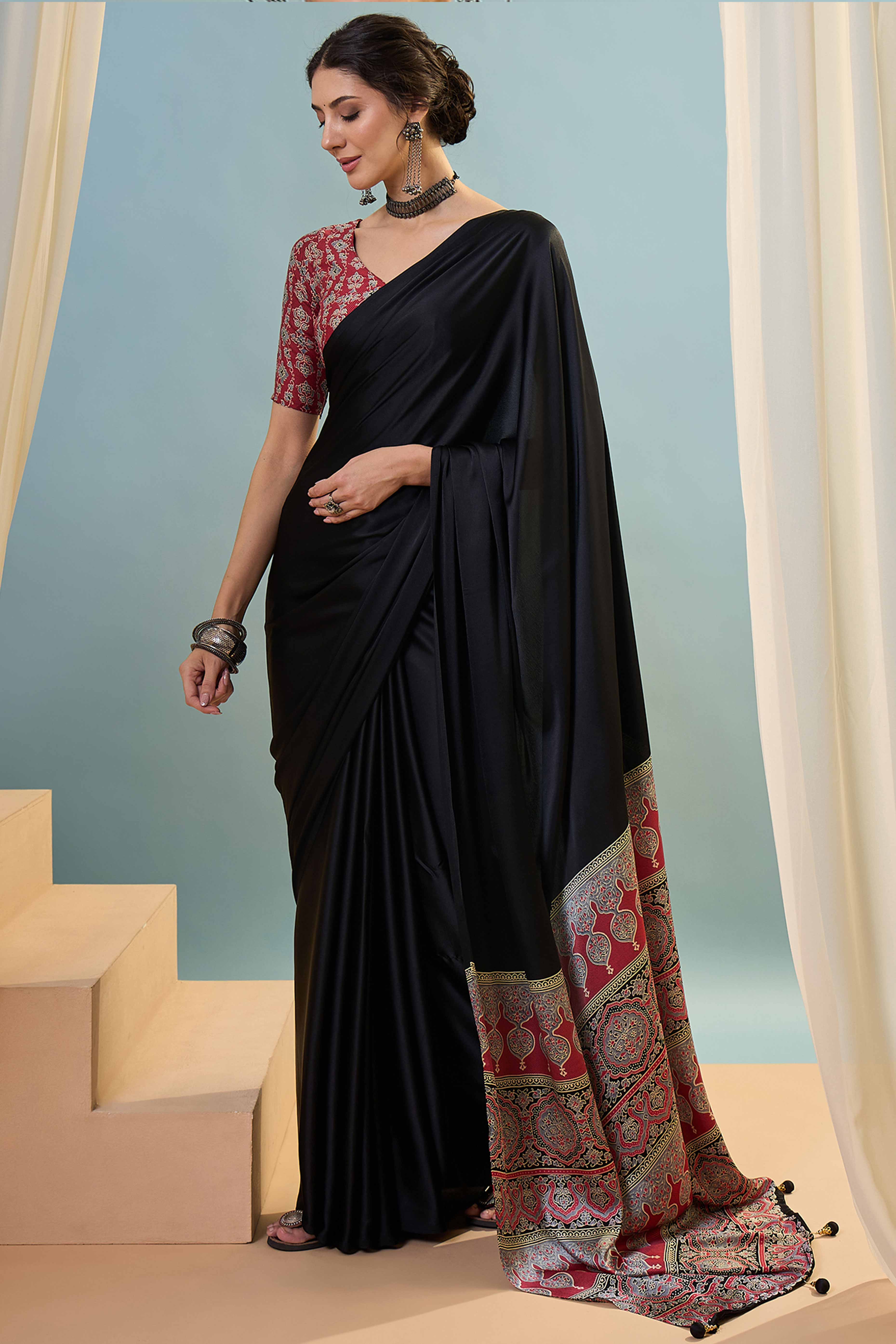Black Solid Modal Satin Saree Highlighted With Classic Ajrakh Pallu Design