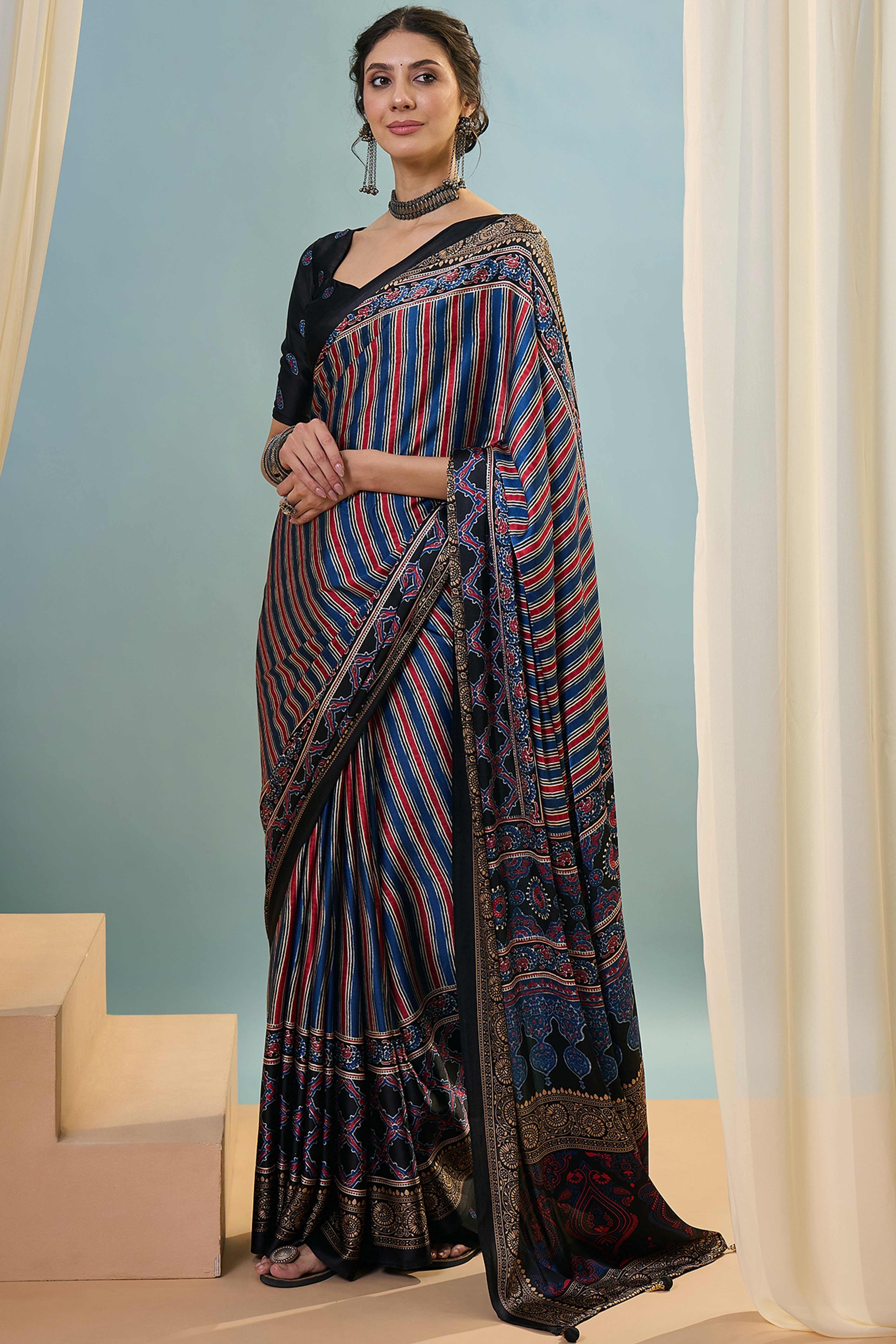 Modern Black Striped Printed Modal Satin Saree with Luxurious Flow and Shine