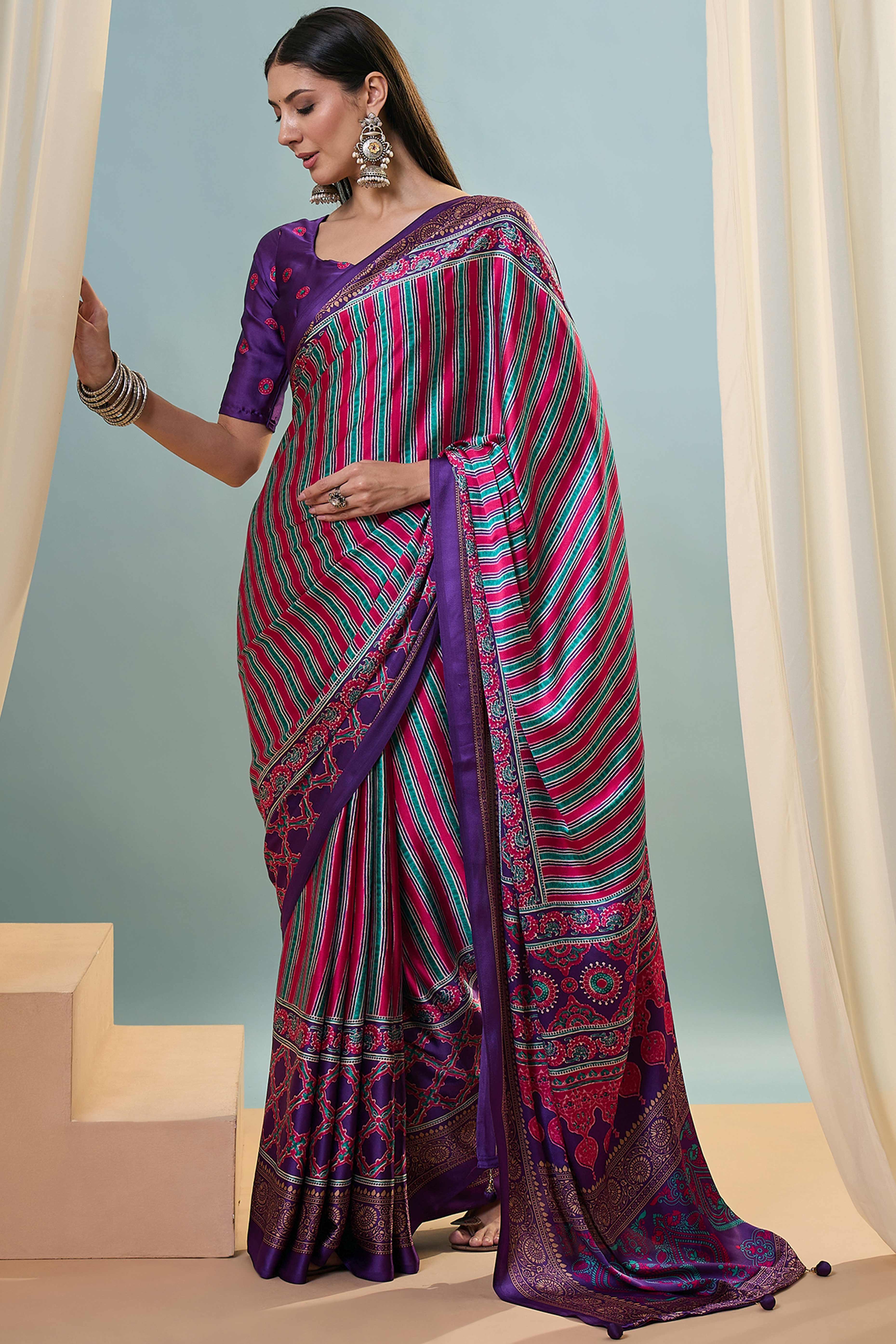 Modern Purple Striped Printed Modal Satin Saree with Luxurious Flow and Shine