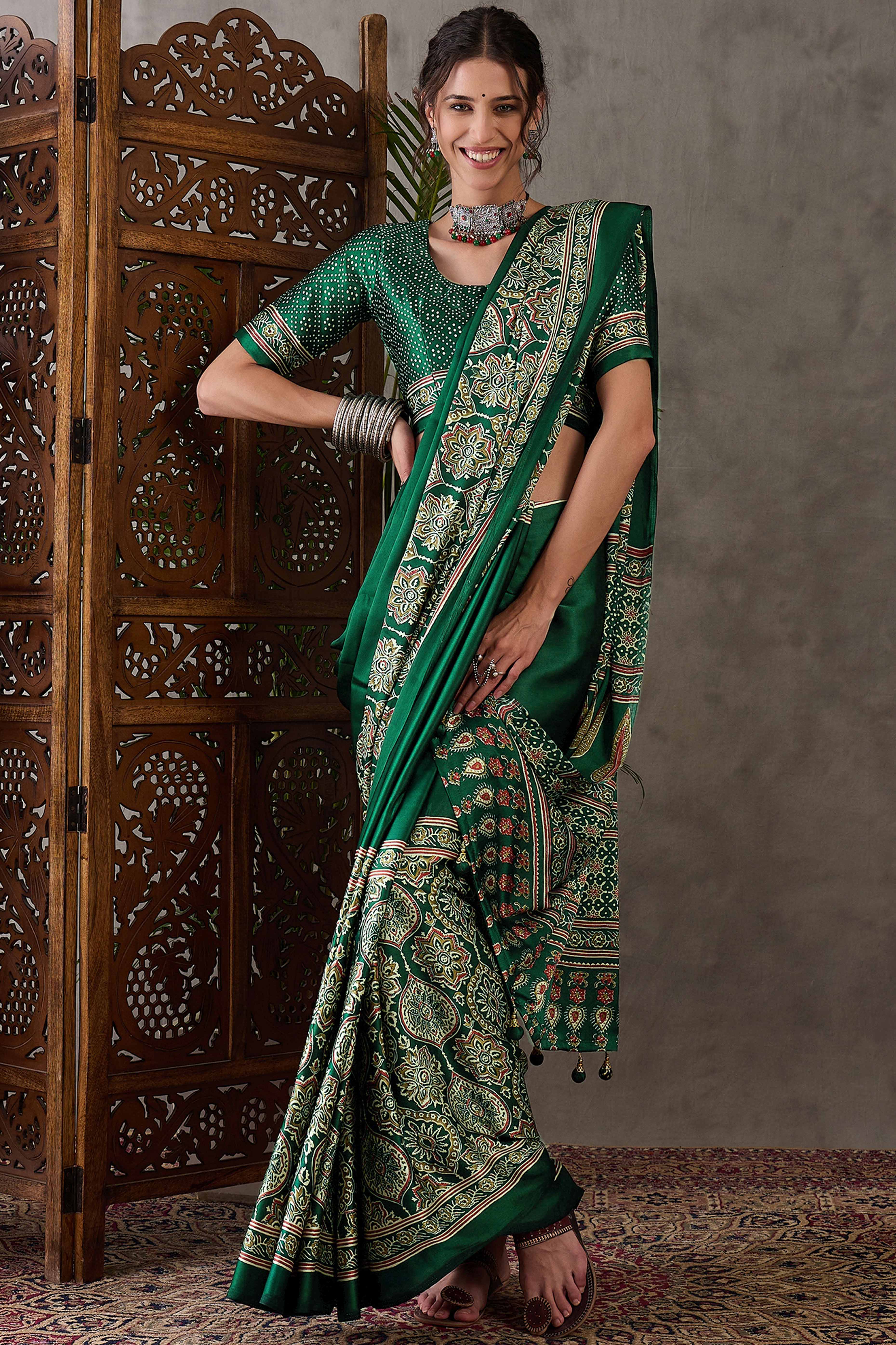 Green Ajrakh Printed Modal Satin Saree with Rich Party Wear Look
