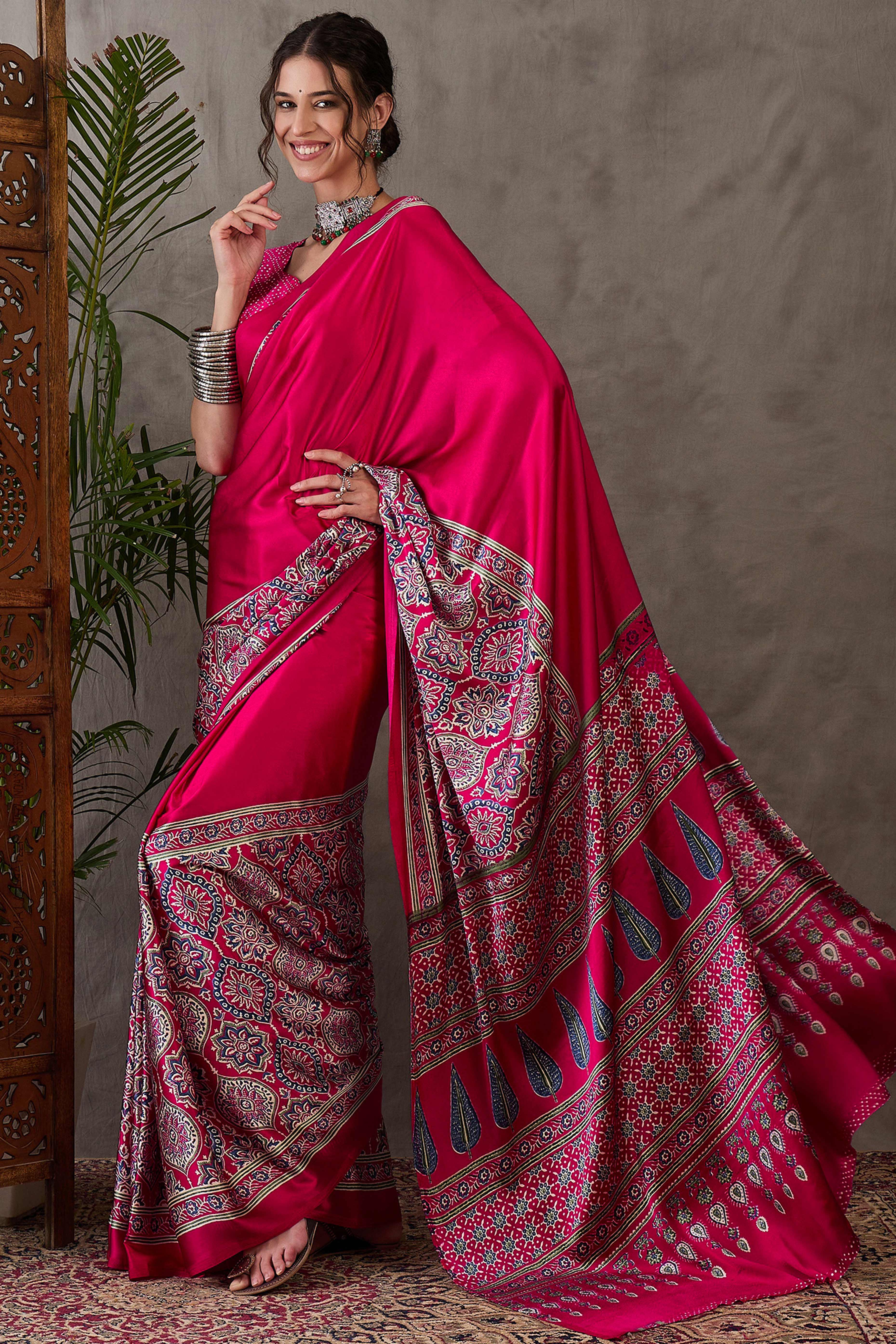 Pink Ajrakh Printed Modal Satin Saree with Rich Party Wear Look