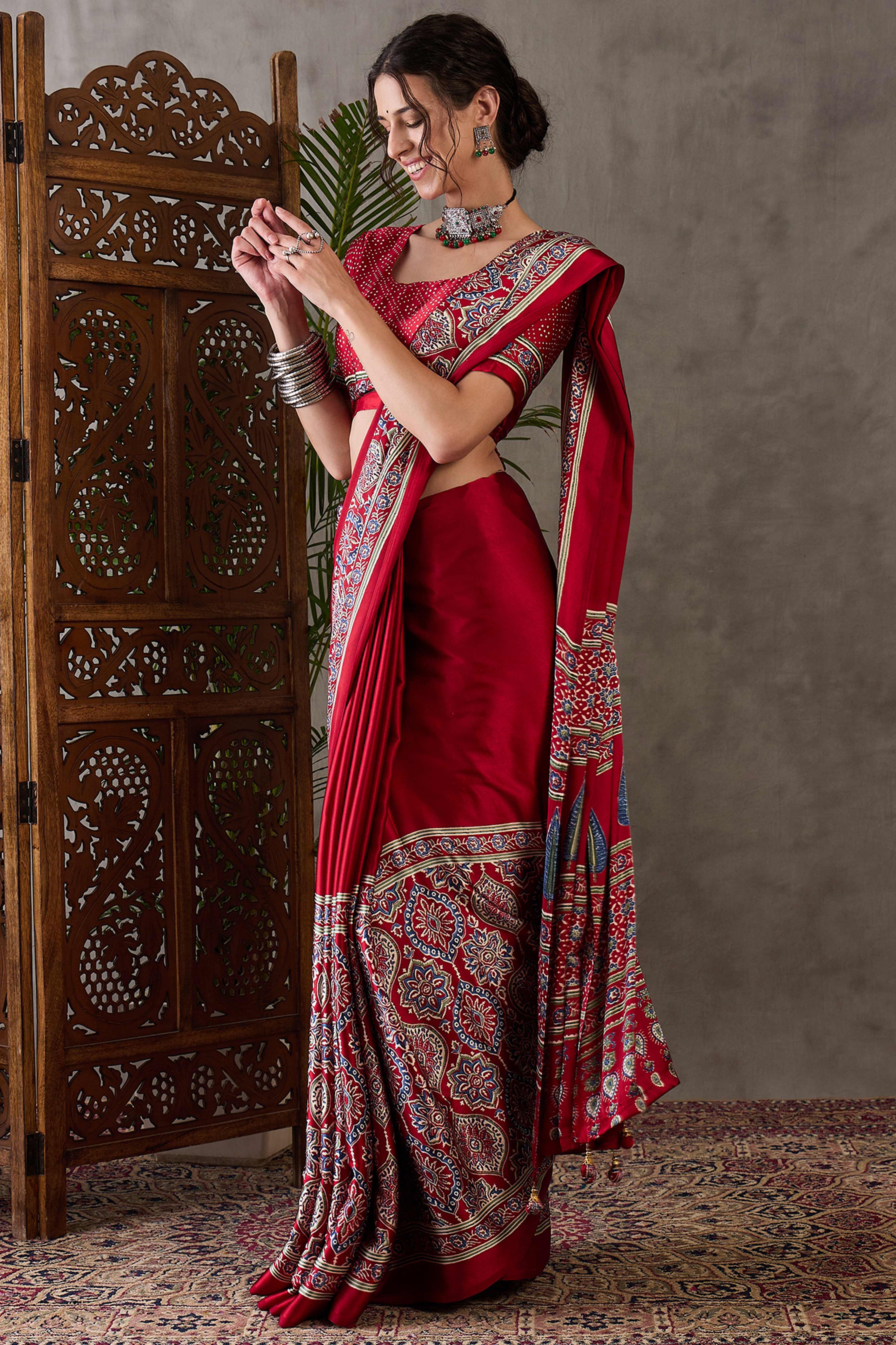 Red Ajrakh Printed Modal Satin Saree with Rich Party Wear Look