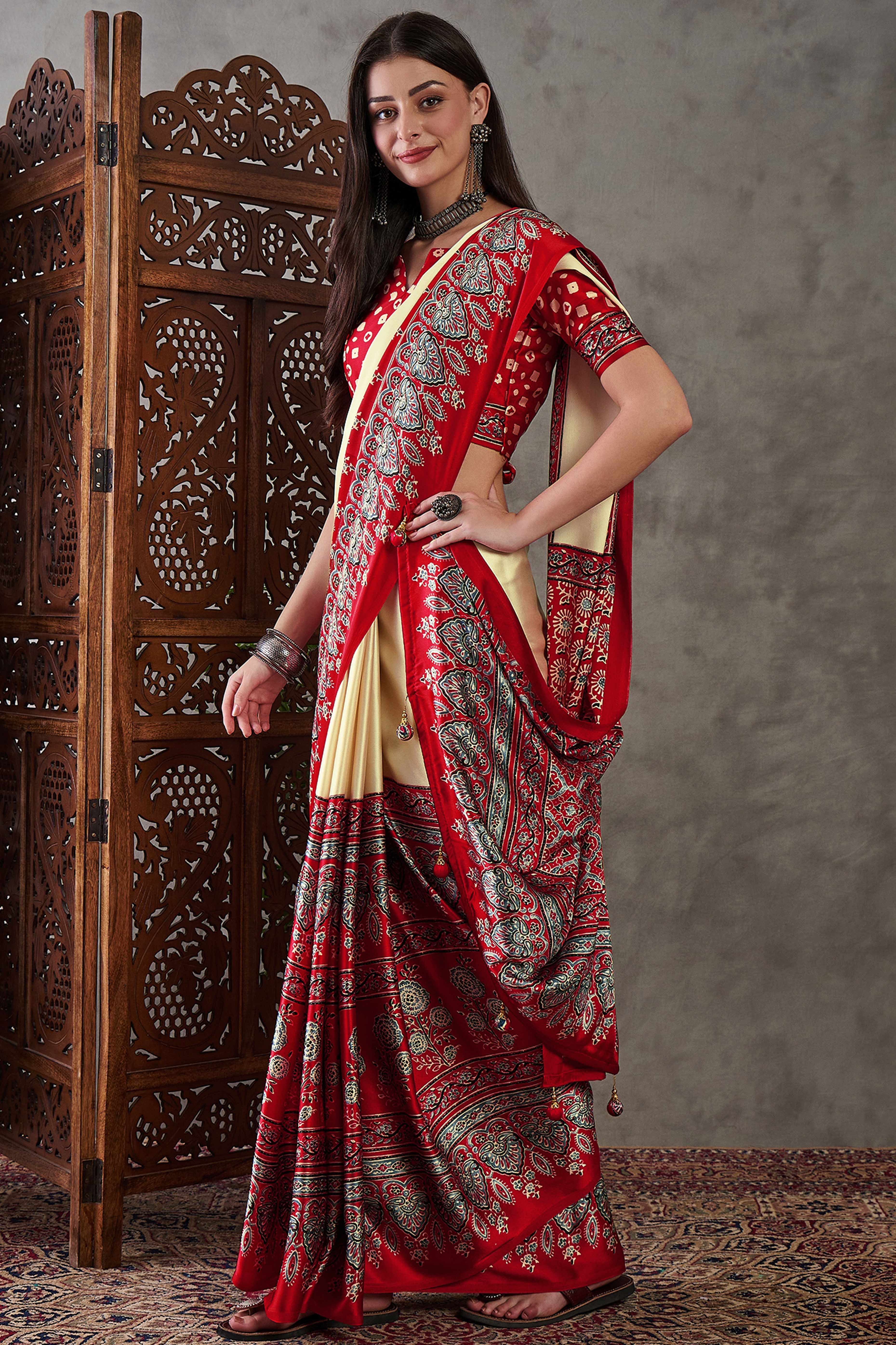 Cream & Red Ajrakh Printed Modal Satin Saree with Elegant Party Wear Appeal
