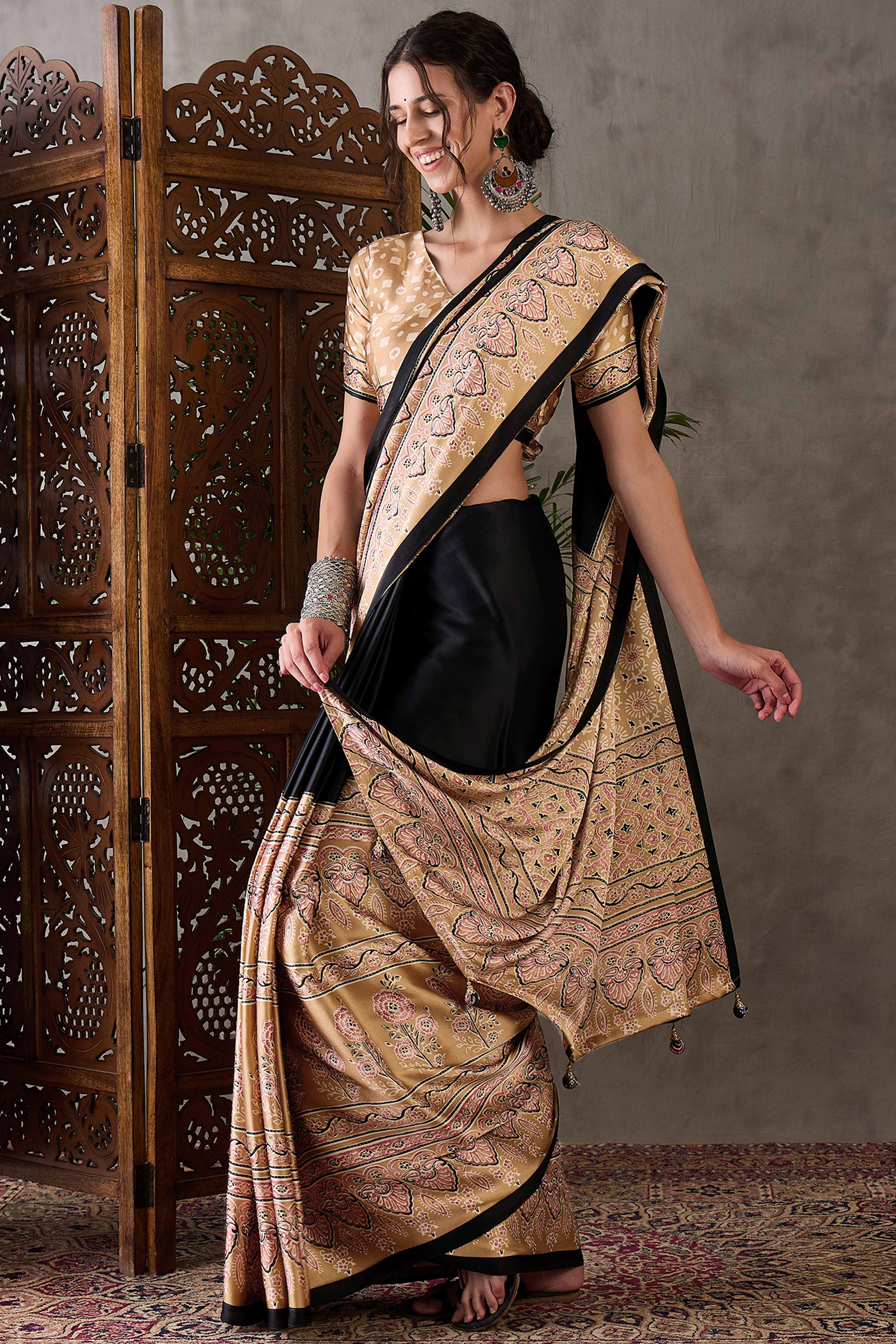 Black & Chikoo Ajrakh Printed Modal Satin Saree with Elegant Party Wear Appeal