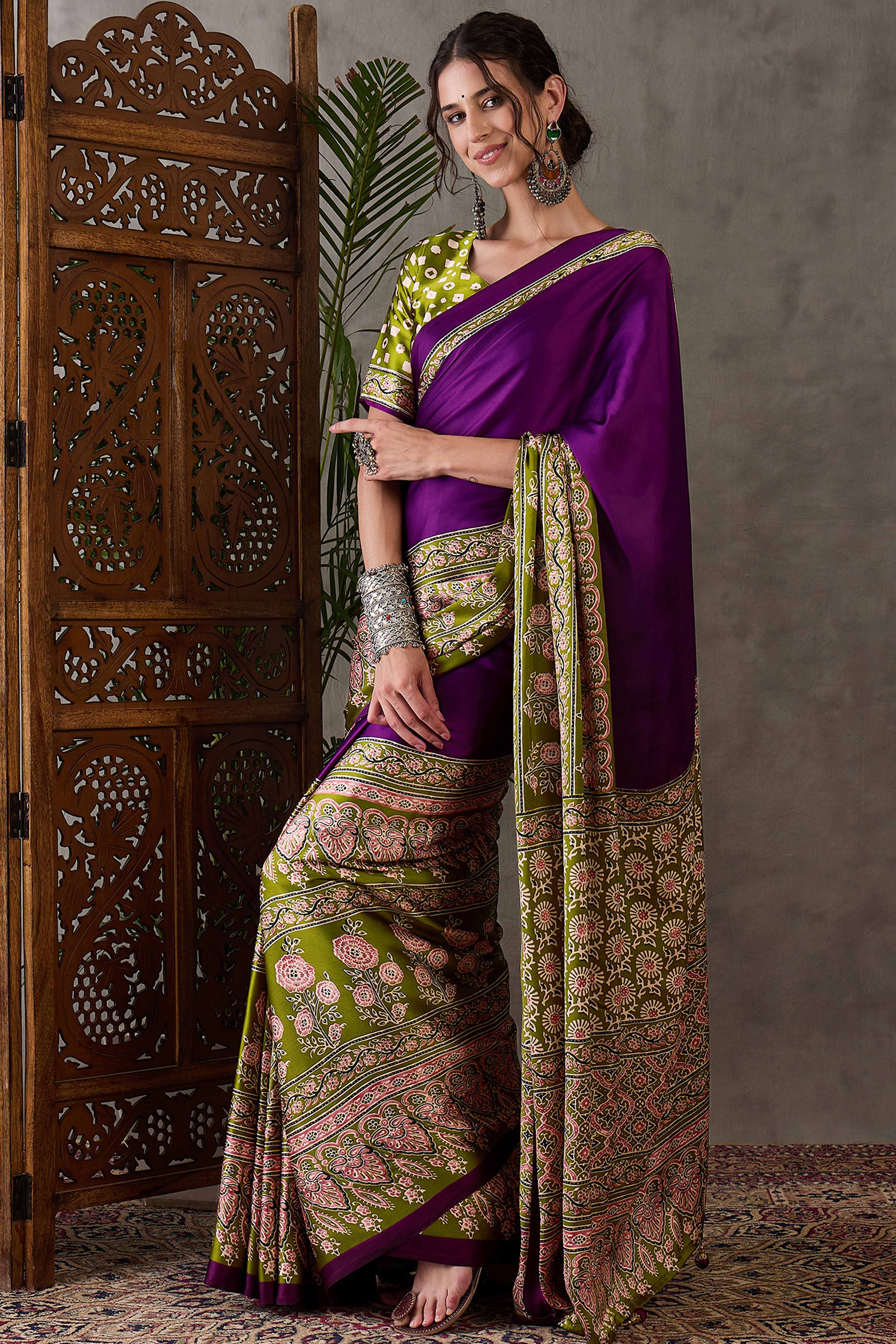 Purple & Green Ajrakh Printed Modal Satin Saree with Elegant Party Wear Appeal