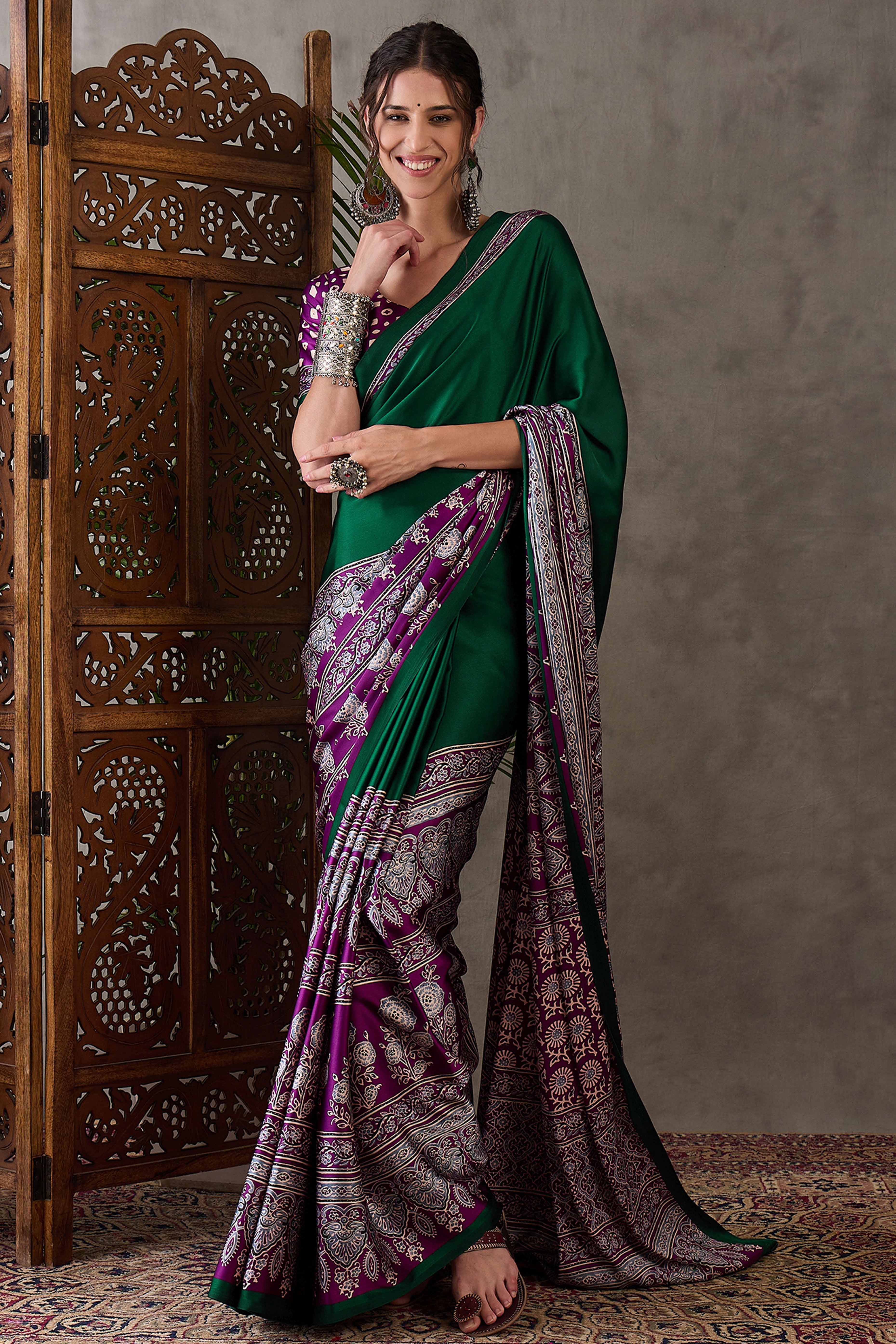 Green & Purple Ajrakh Printed Modal Satin Saree with Elegant Party Wear Appeal