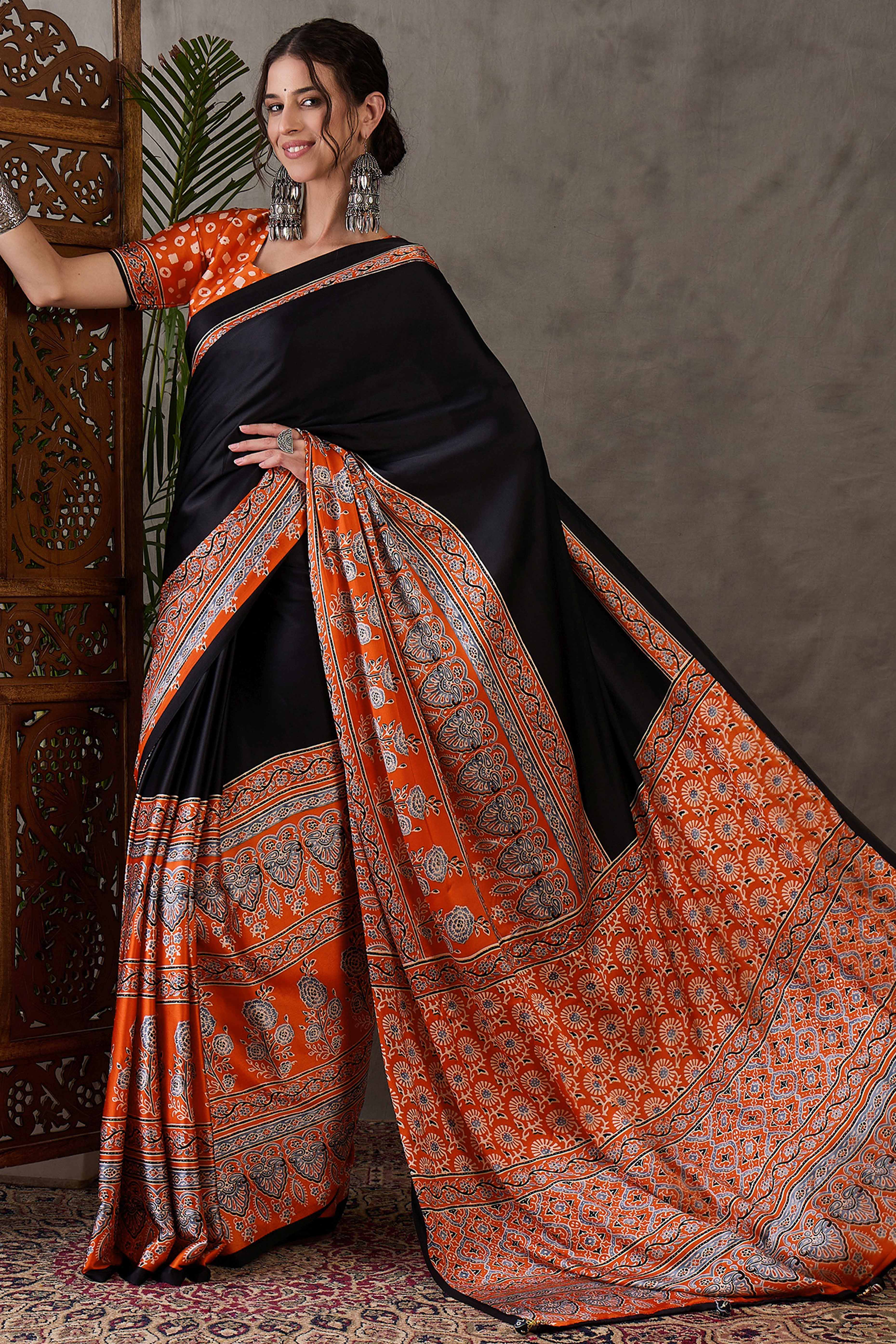 Black & Rust Ajrakh Printed Modal Satin Saree with Elegant Party Wear Appeal
