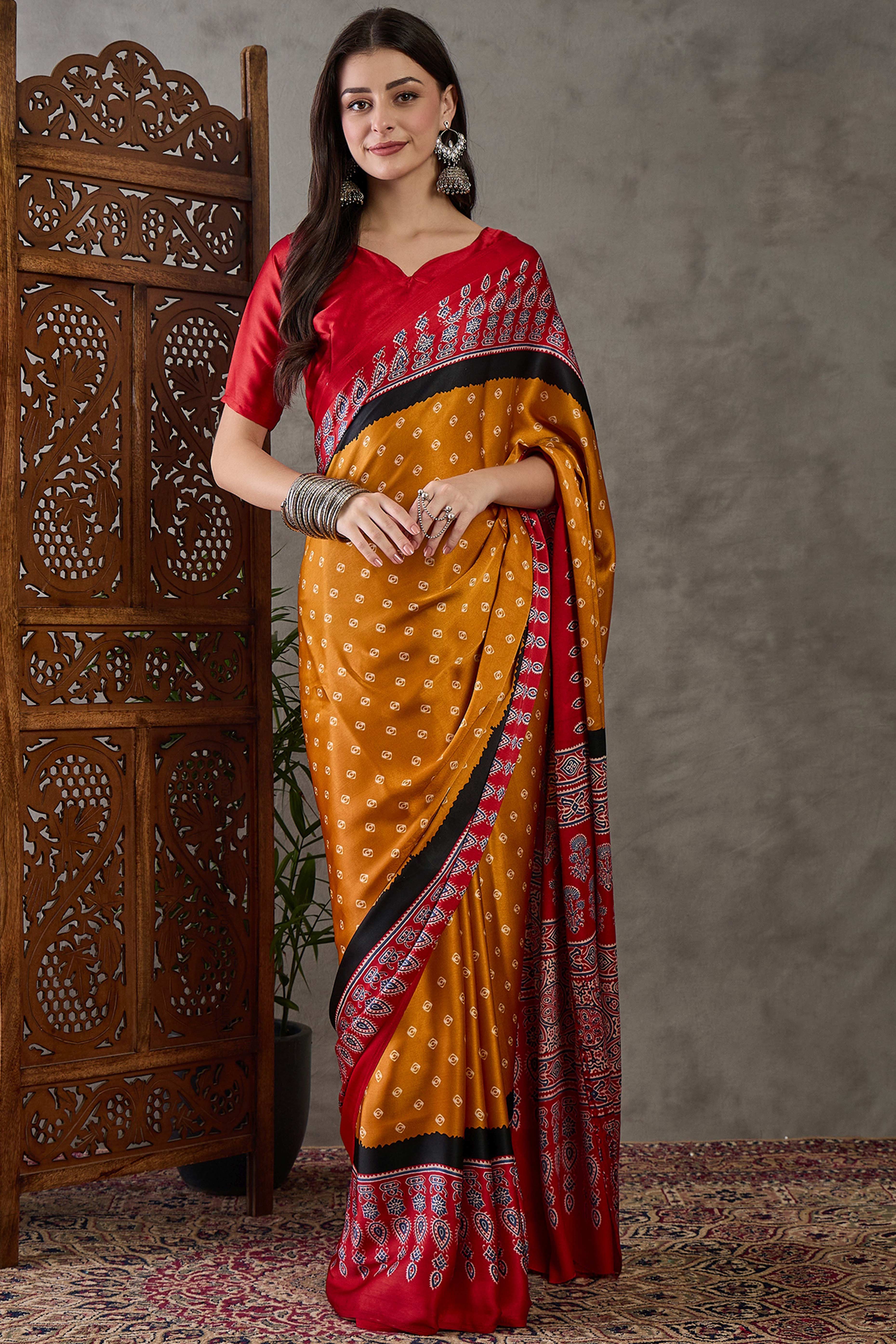 Mustard Ajrakh Printed Modal Satin Saree with Traditional Ajrakh Charm