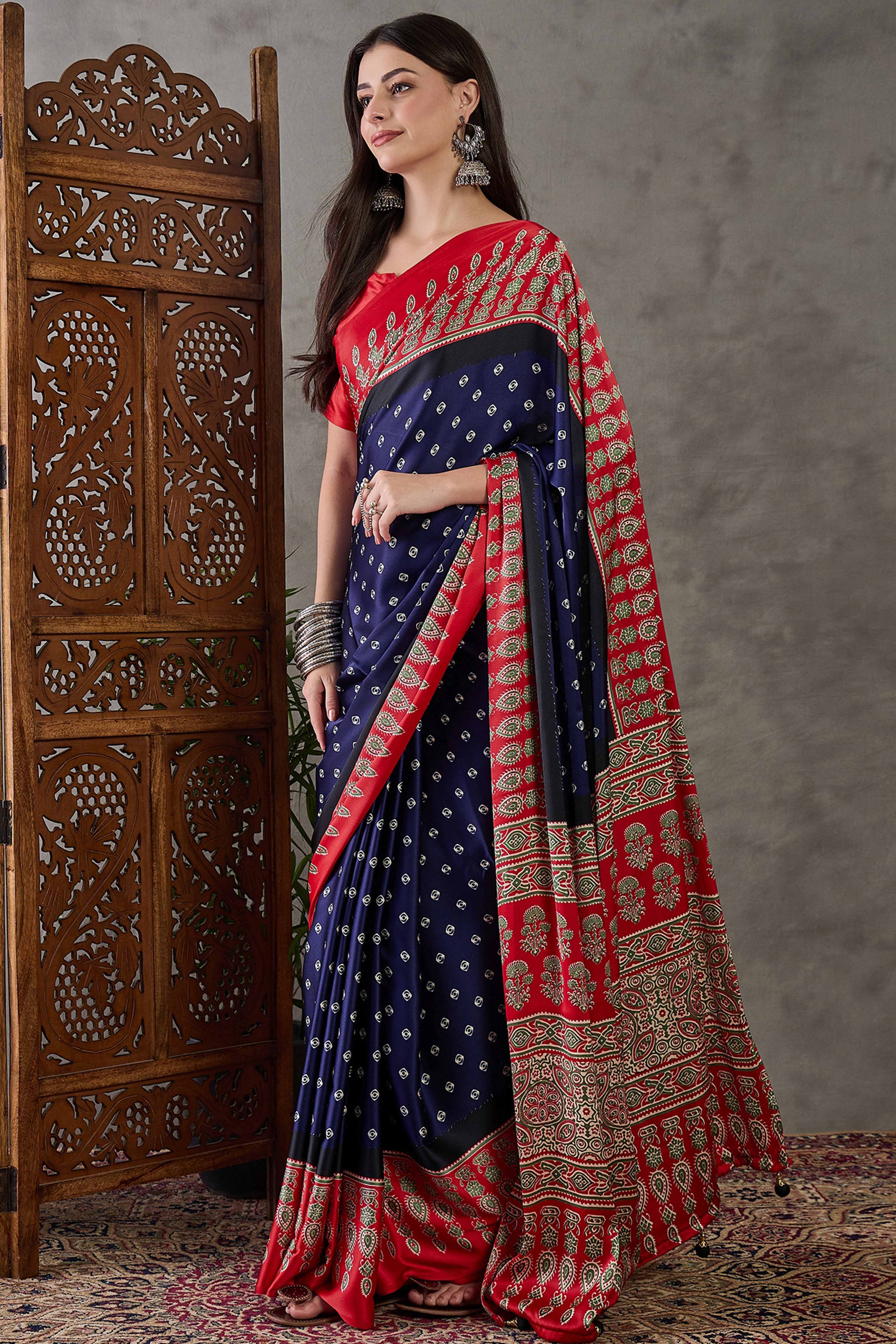 Blue Ajrakh Printed Modal Satin Saree with Traditional Ajrakh Charm
