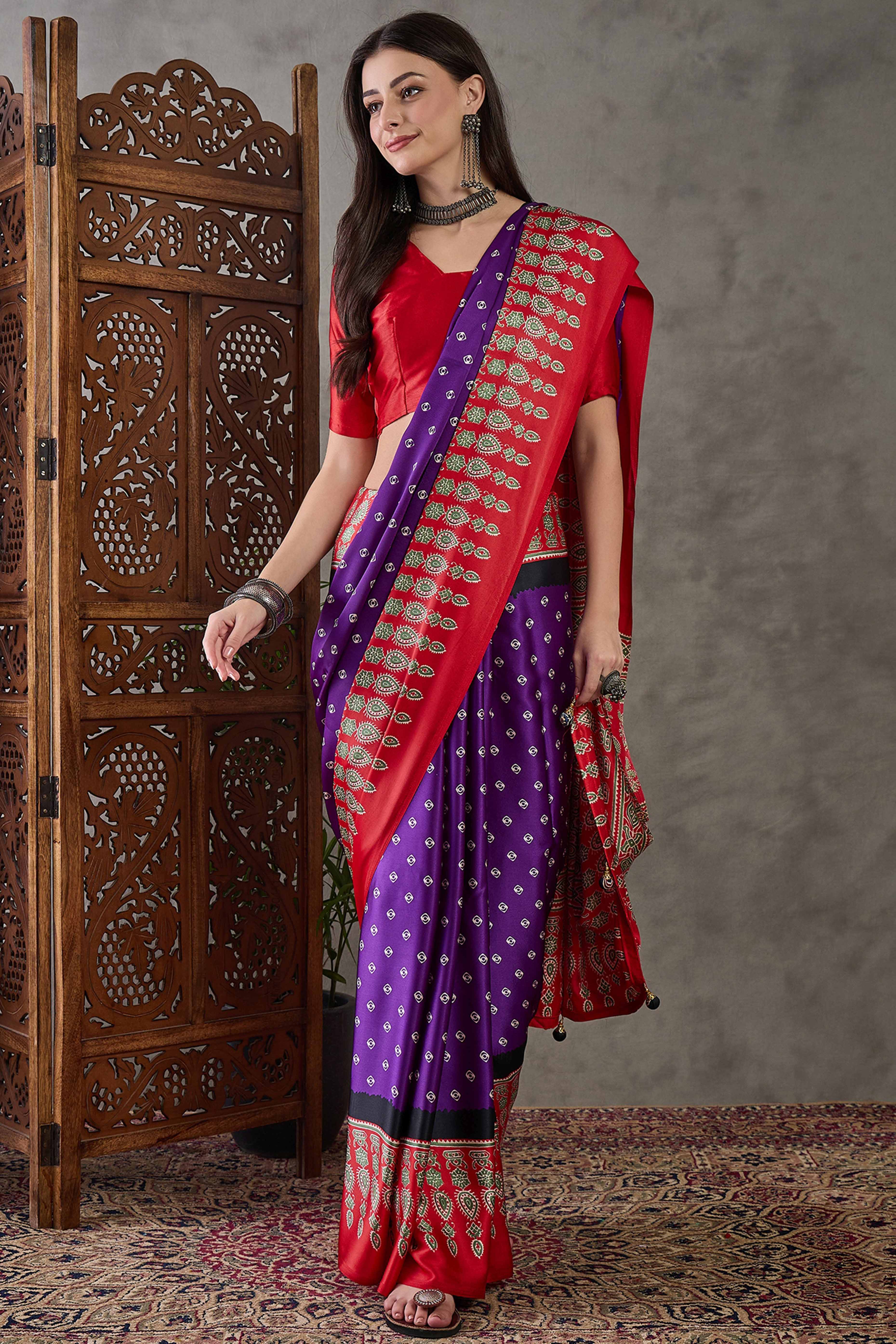 Purple Ajrakh Printed Modal Satin Saree with Traditional Ajrakh Charm