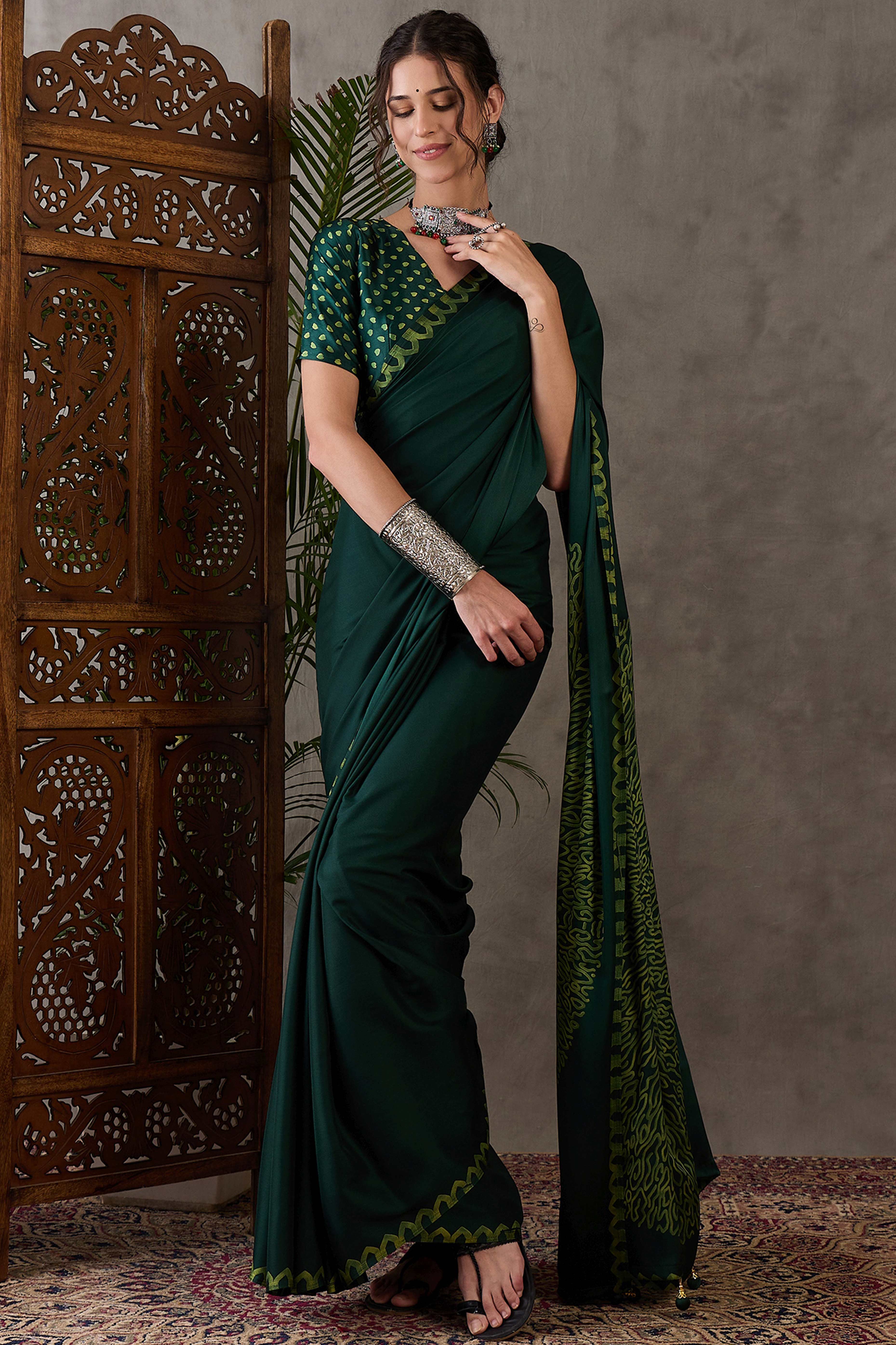 Green Free Style Printed Modal Satin Party Wear Saree with a Smooth Satin Drape