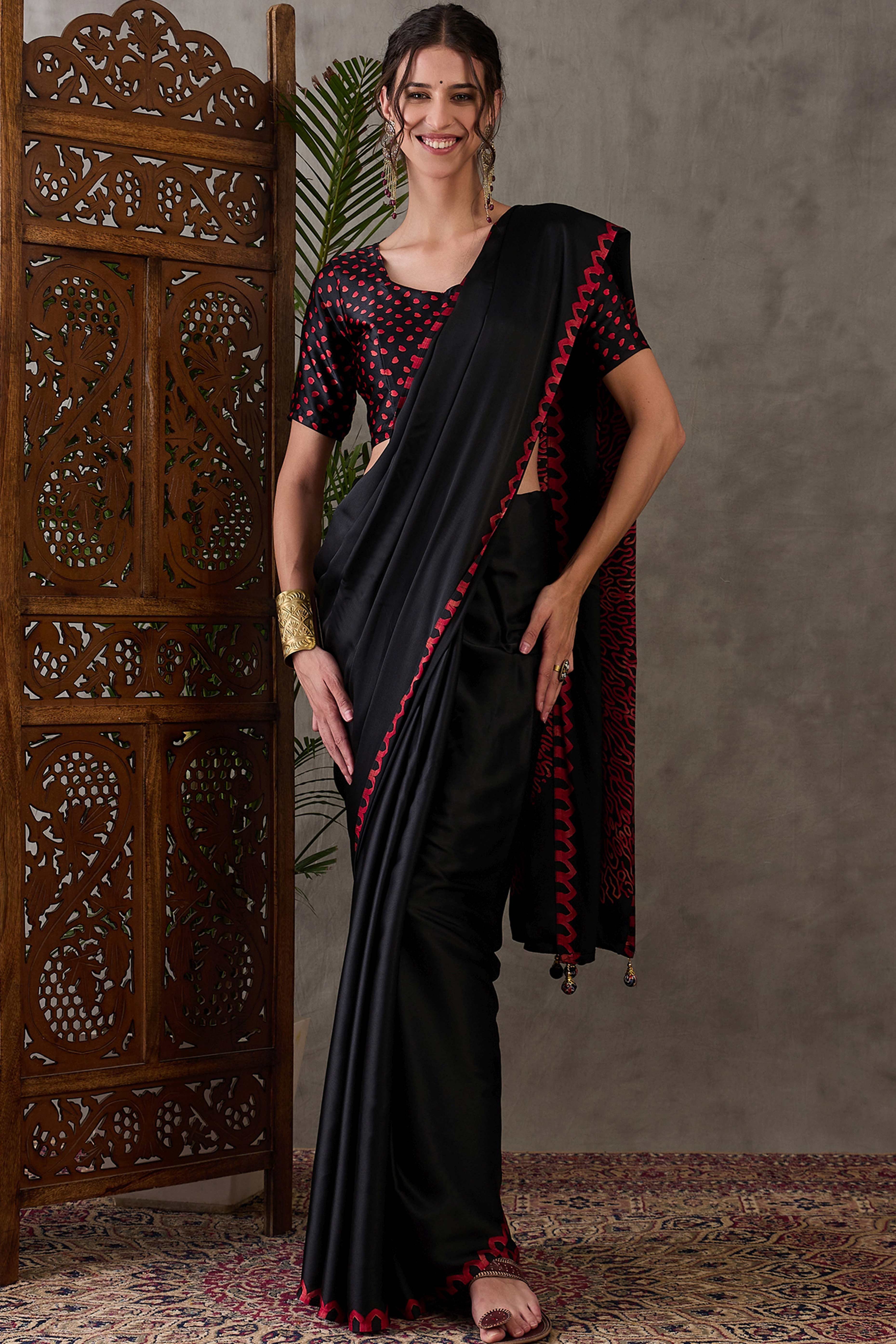 Black Free Style Printed Modal Satin Party Wear Saree with a Smooth Satin Drape