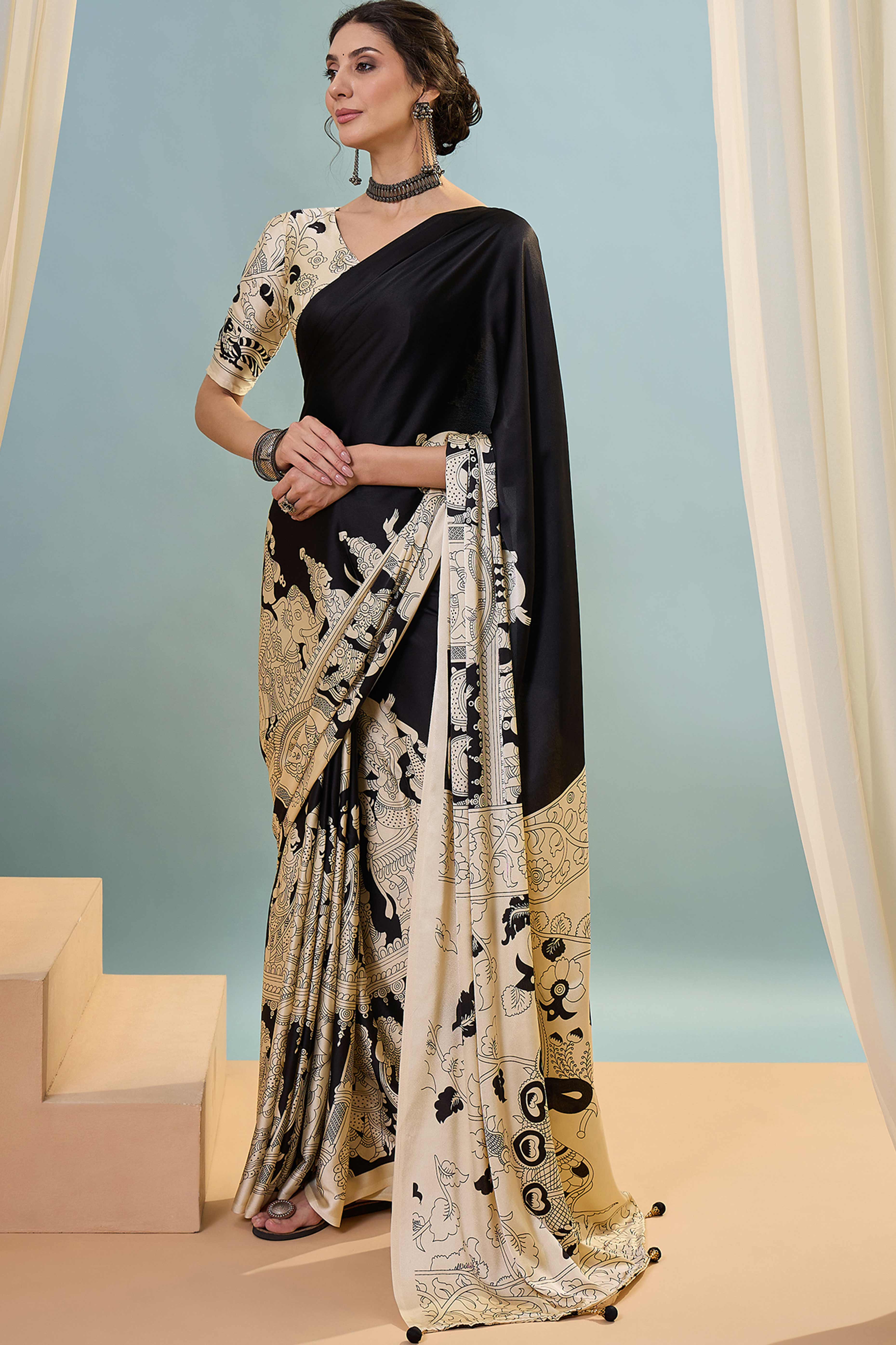 Black & Cream Kalamkari Style Modal Satin Saree Featuring Intricate Artistic Prints