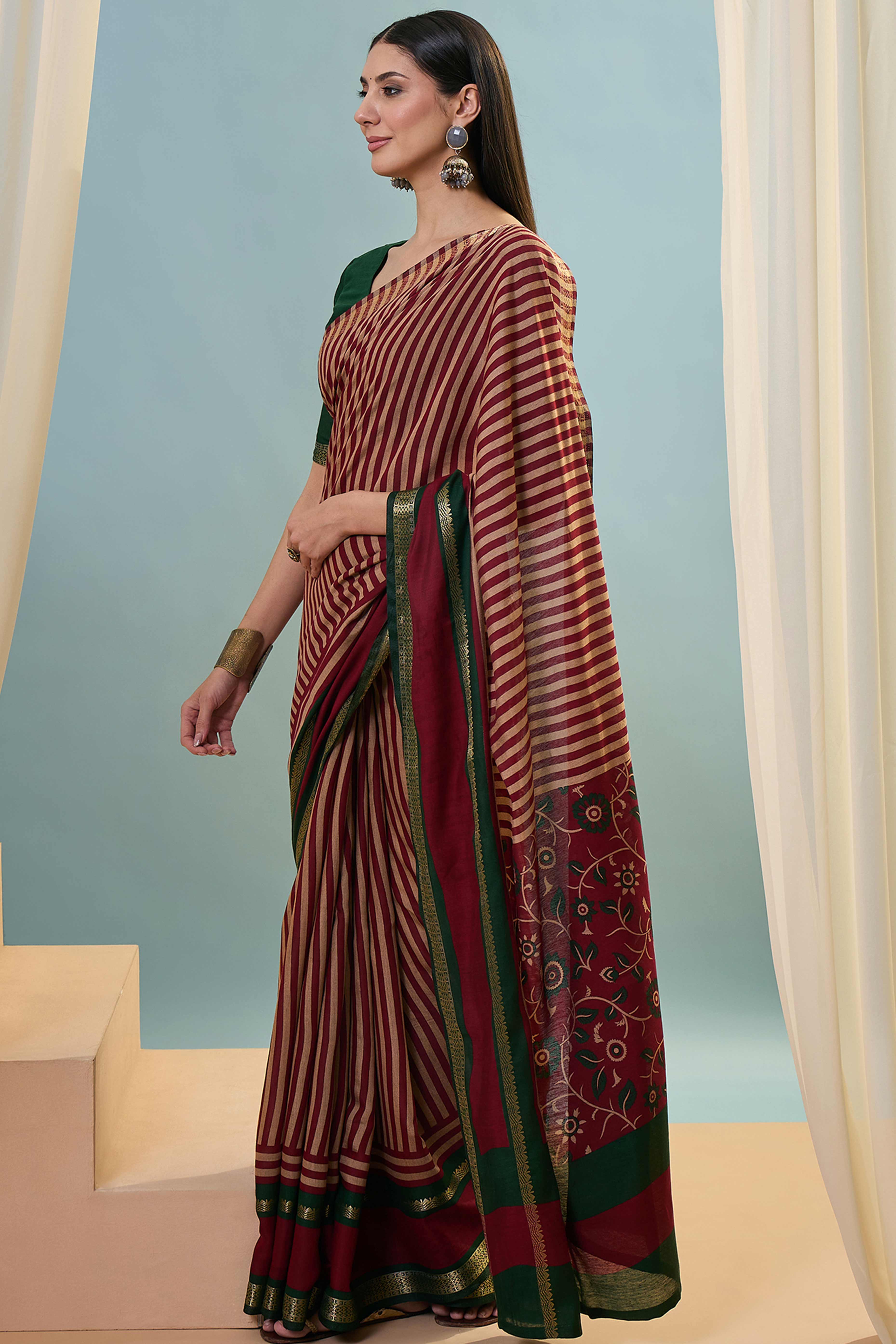 Maroon Striped Printed Viscose Saree with a Subtle Zari Finish