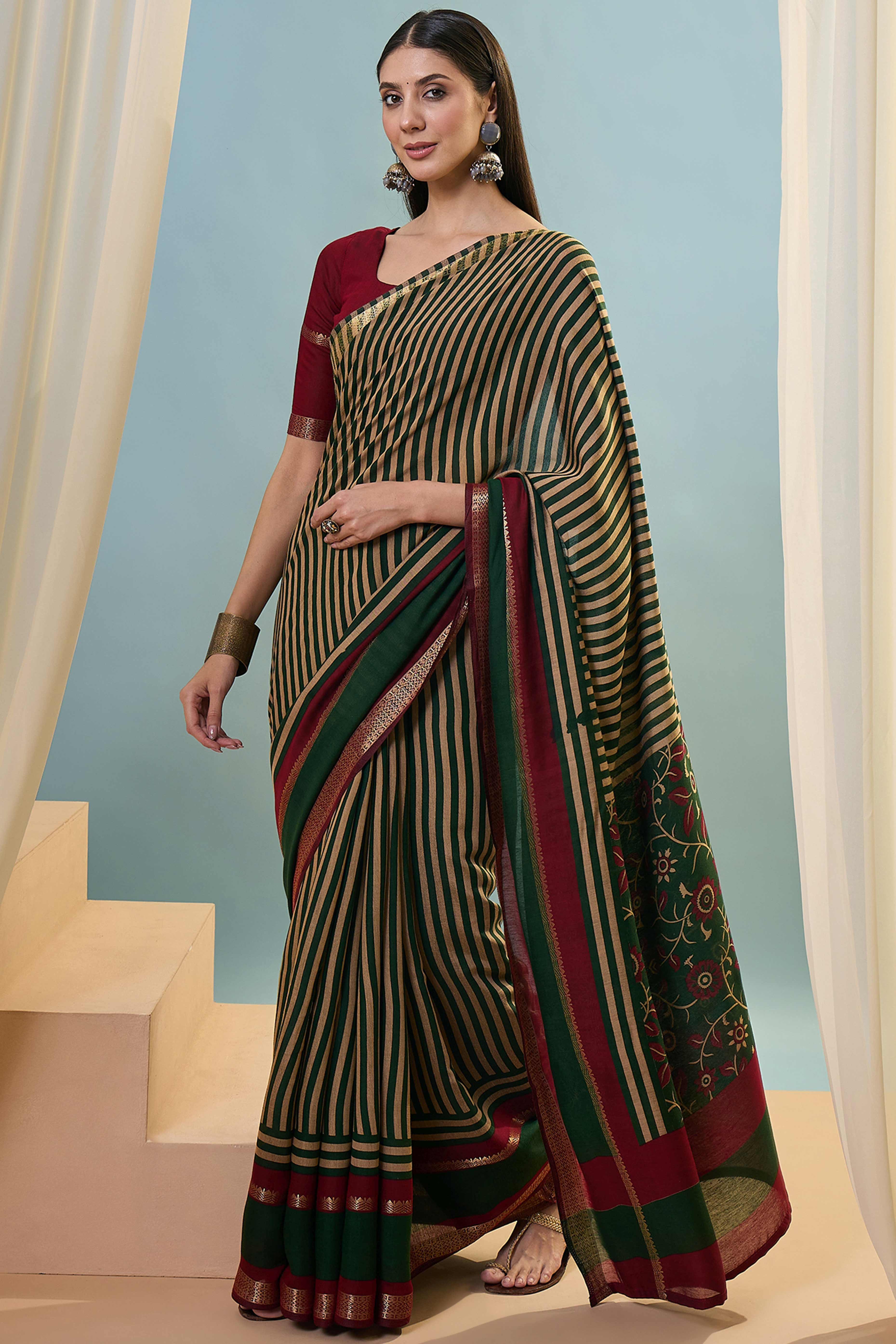 Green Striped Printed Viscose Saree with a Subtle Zari Finish