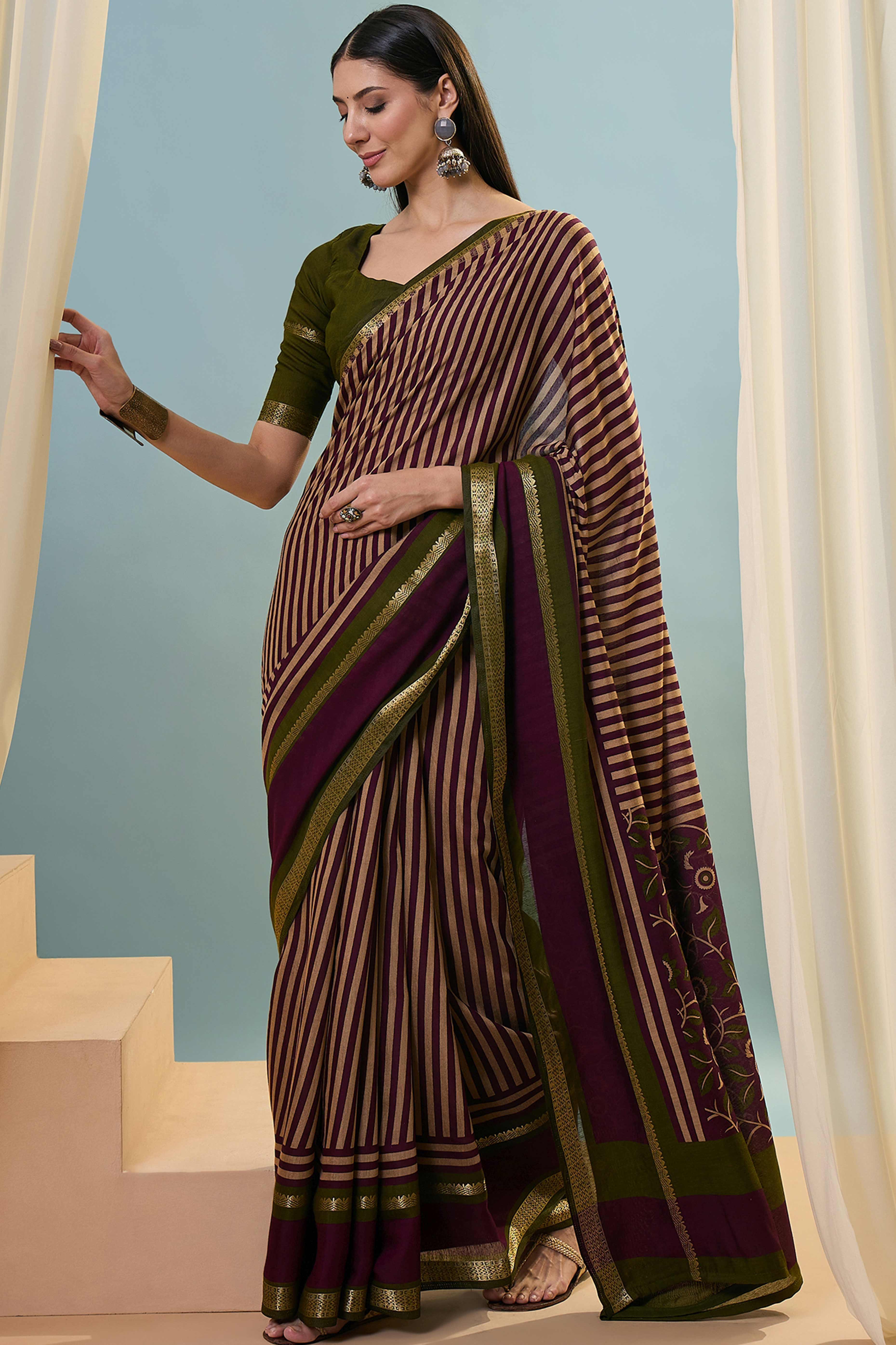 Wine Striped Printed Viscose Saree with a Subtle Zari Finish