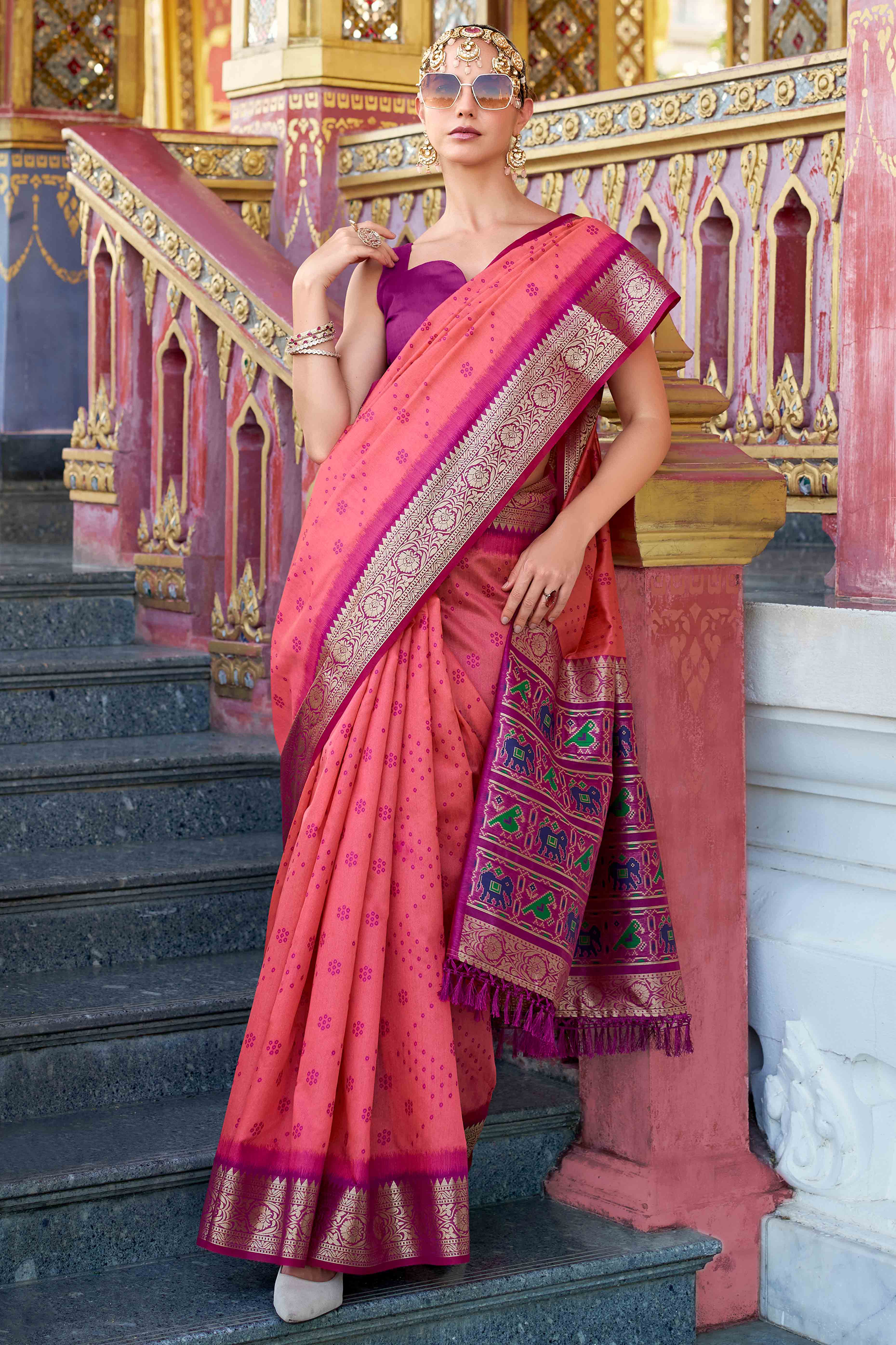 Silk Blend Woven Bandhani Saree In Peach With Contrasting Patola Pallu