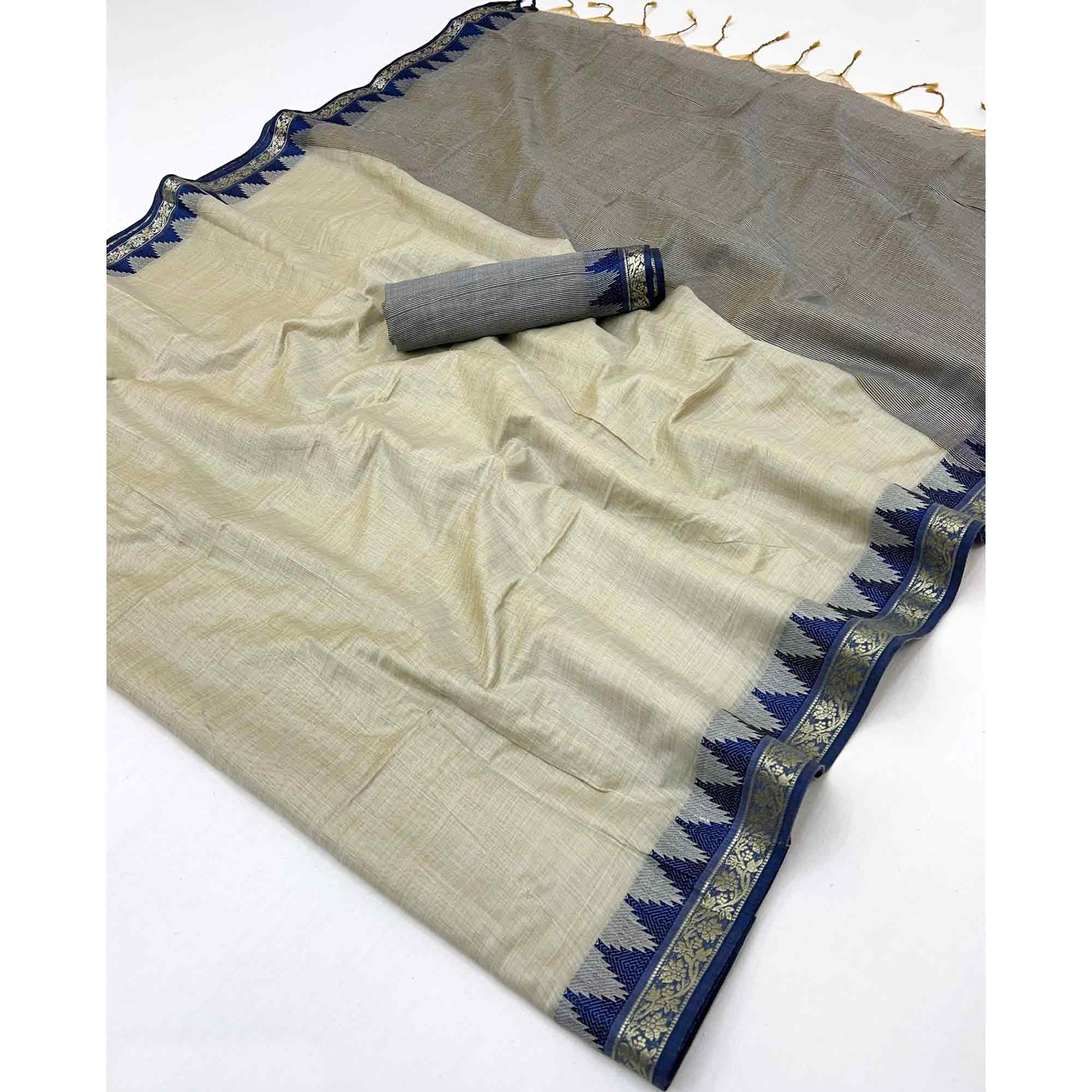 Ligth Grey Pure Silk Handloom Saree with Intricate Jacquard Weave