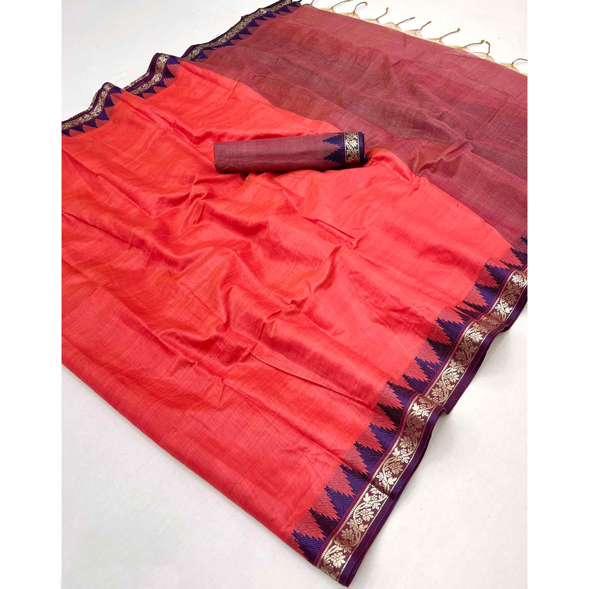 Coral Red Pure Silk Handloom Saree with Intricate Jacquard Weave