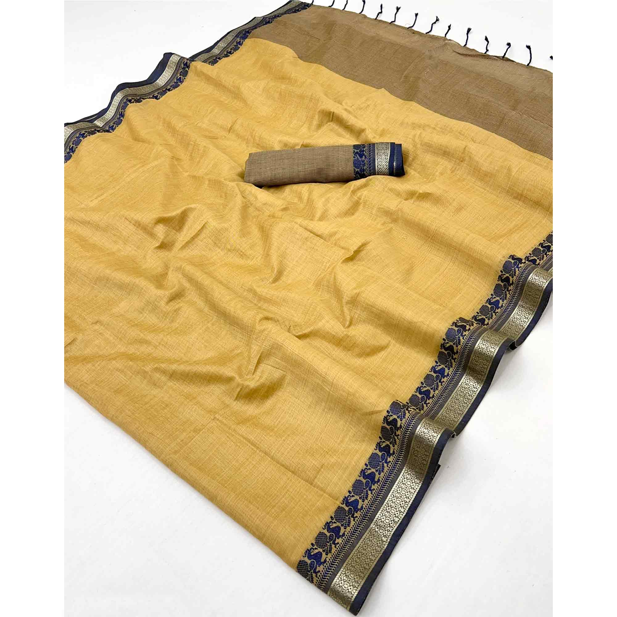 Mustard Pure Handloom Silk Saree with an Elegantly Woven Jacquard Border