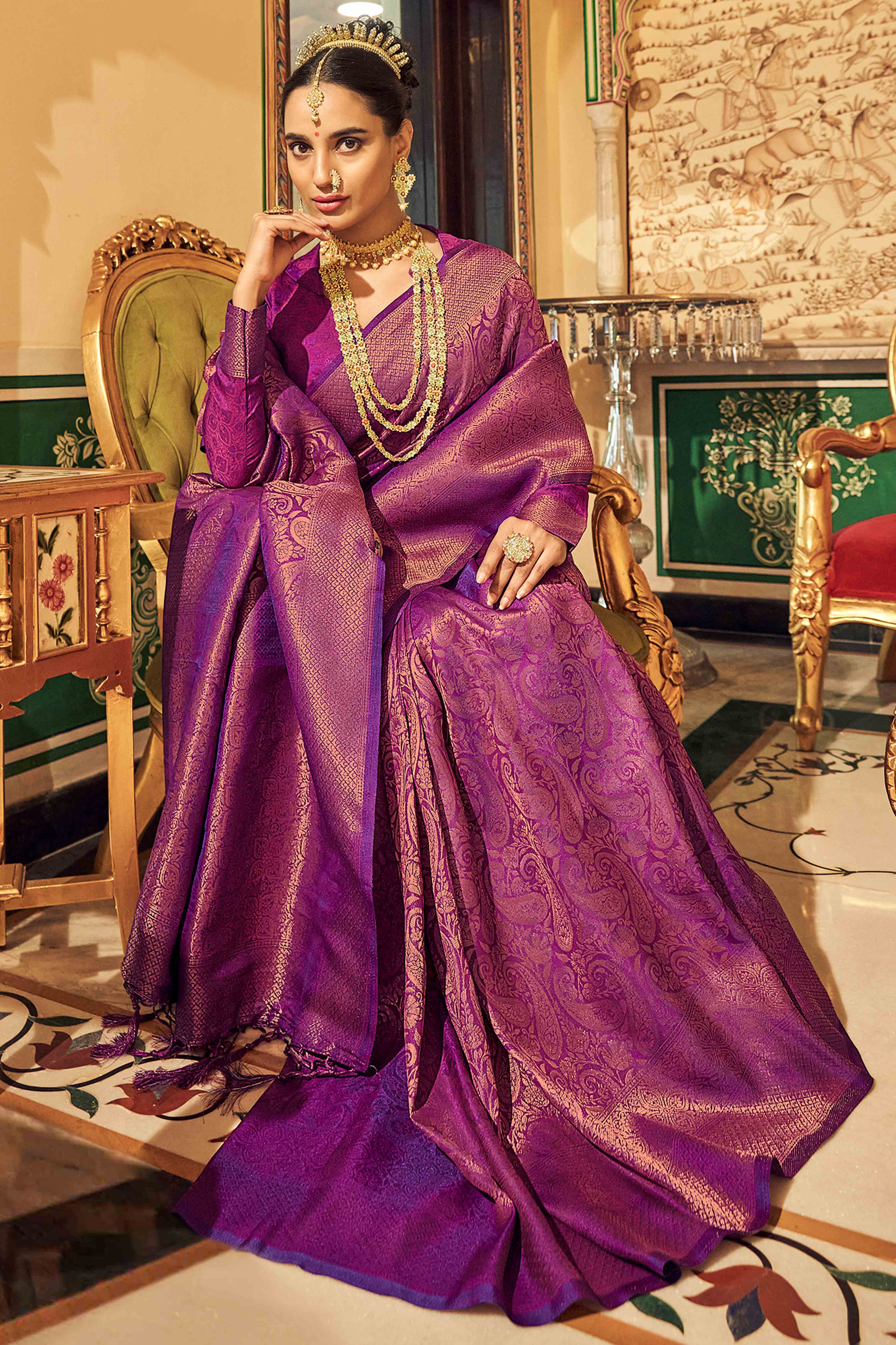 Purple Floral Zari Woven Kanjivaram SIlk Saree