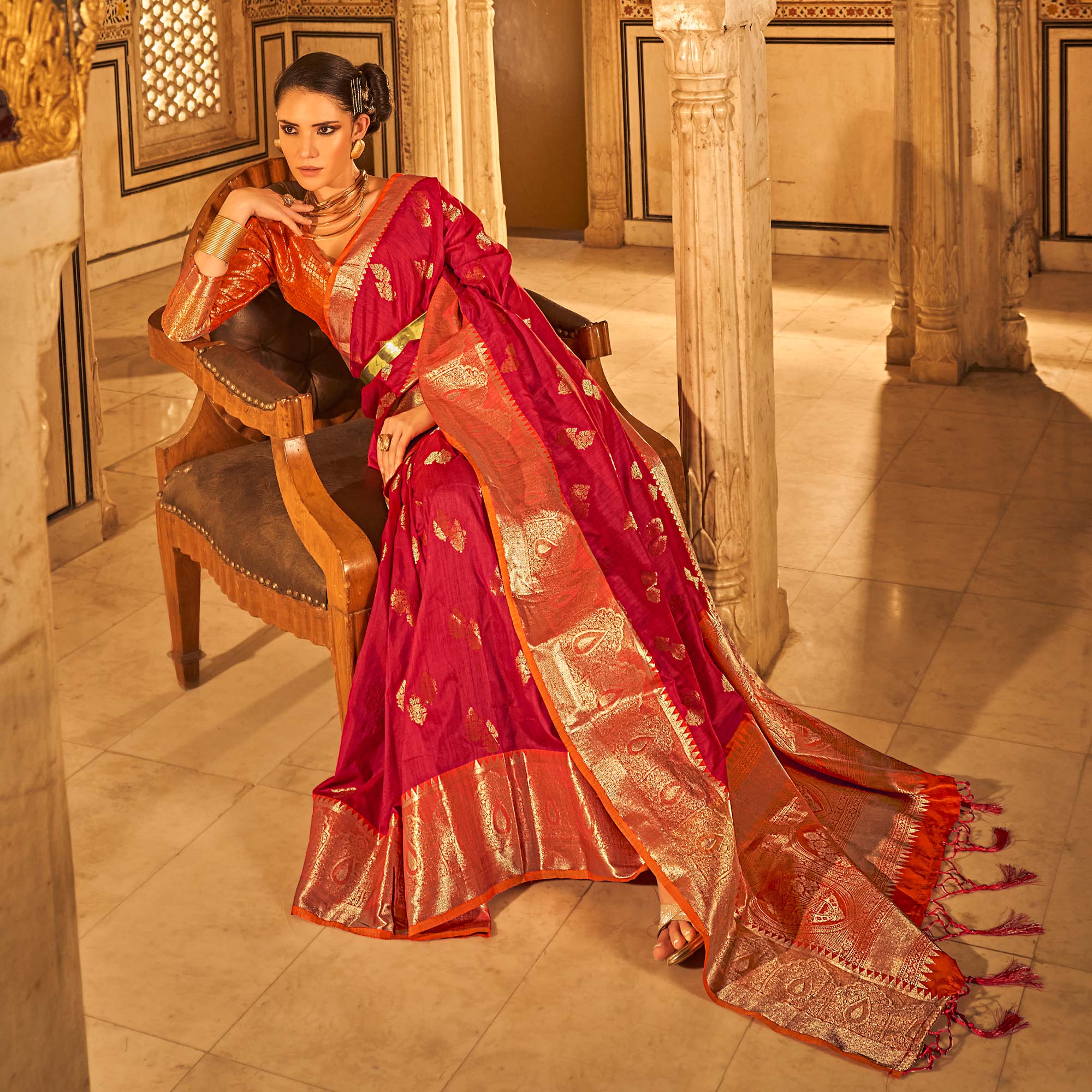 Pink Floral Woven Tussar Silk Saree