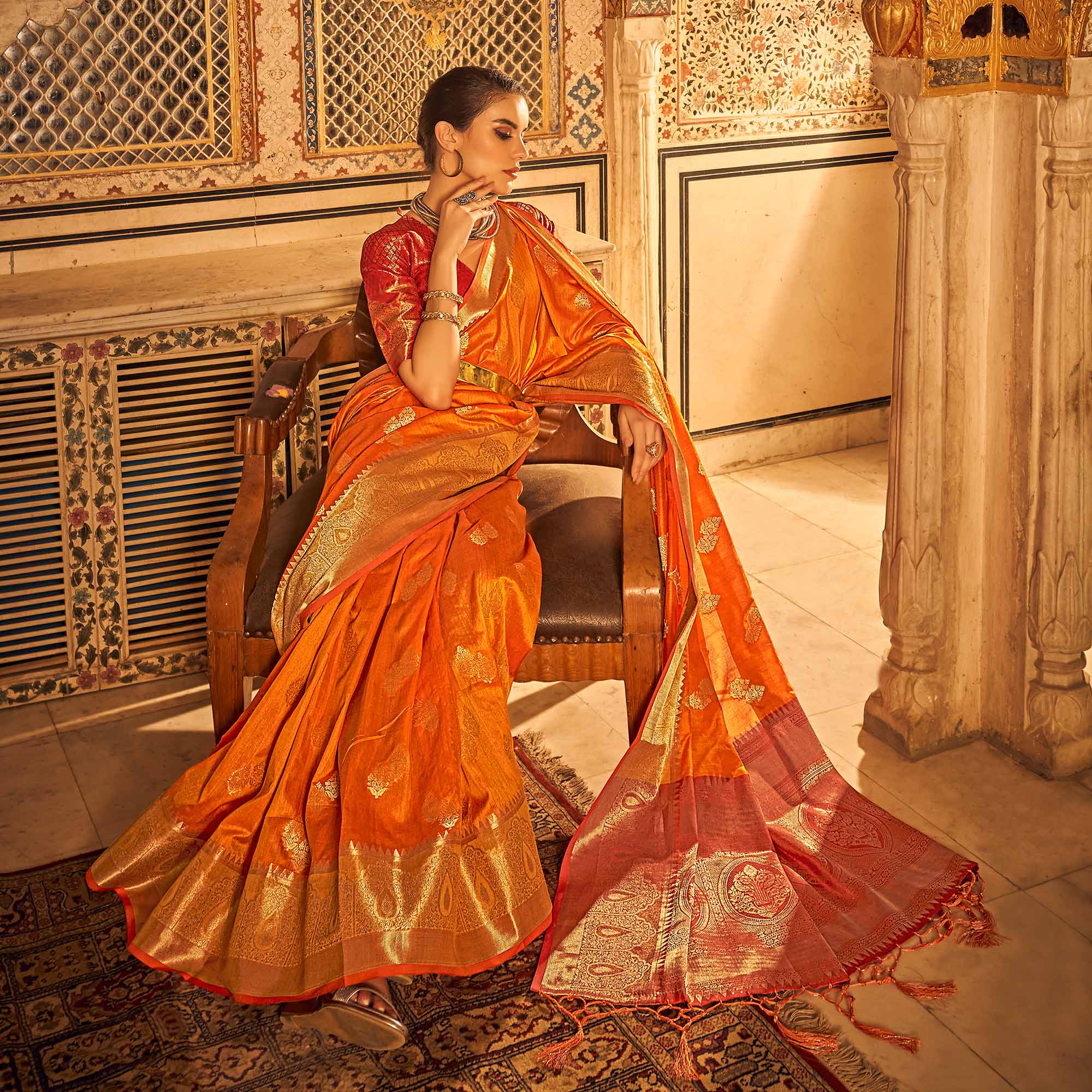 Orange Floral Woven Tussar Silk Saree