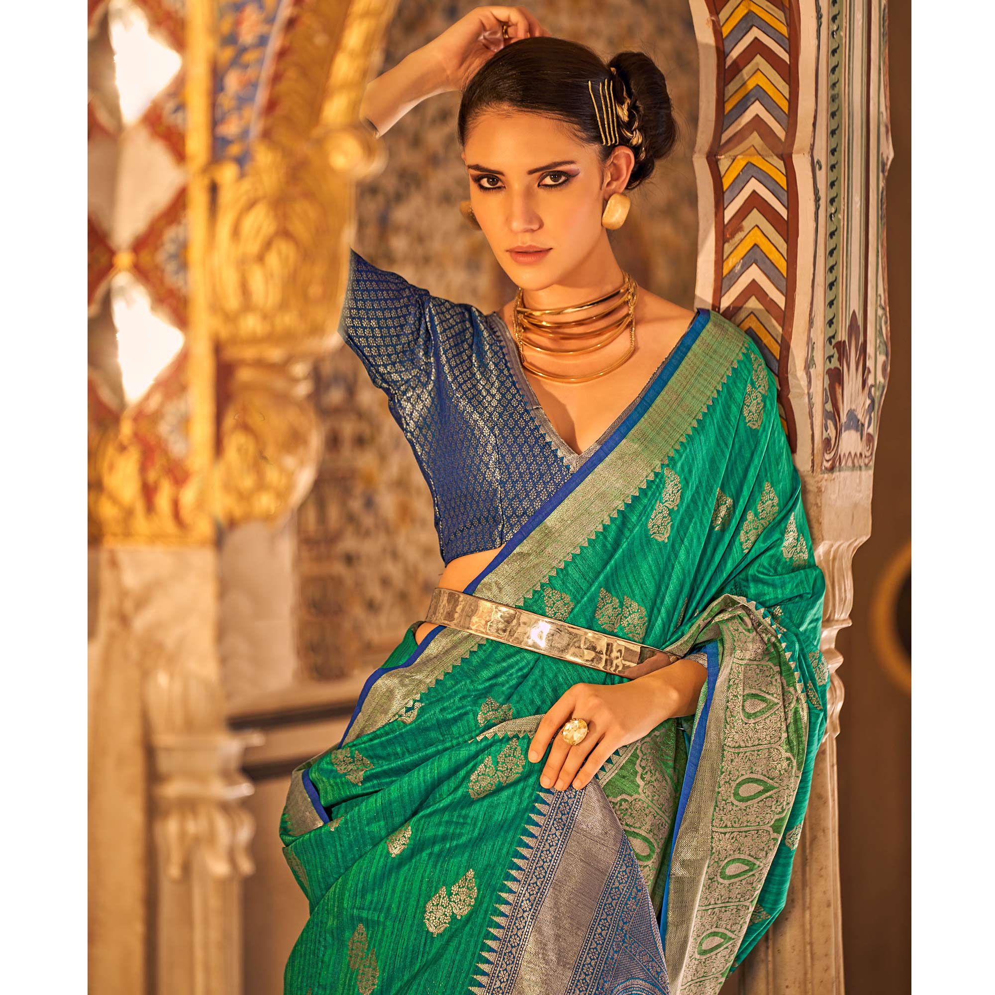 Green Floral Woven Tussar Silk Saree