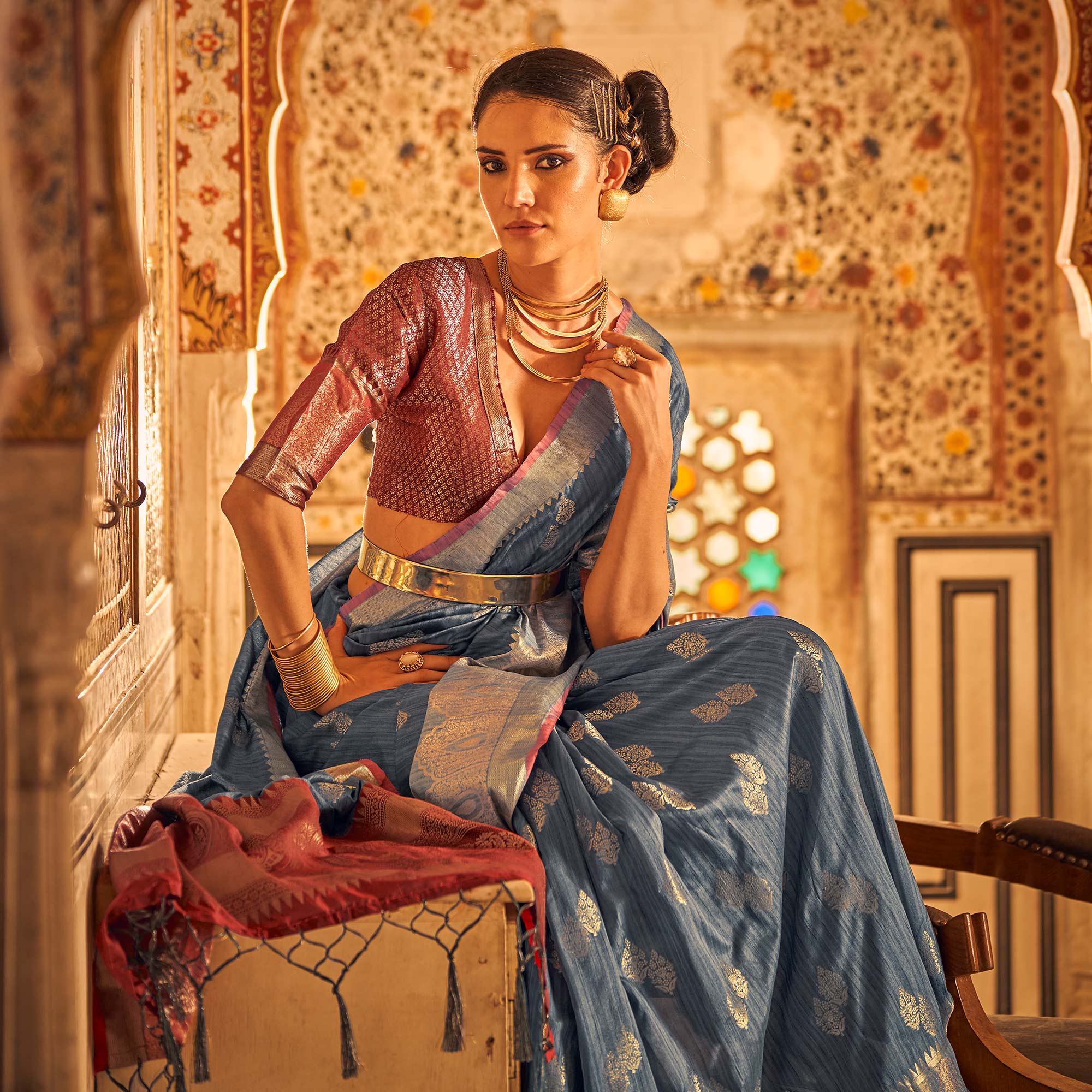 Grey Floral Woven Tussar Silk Saree