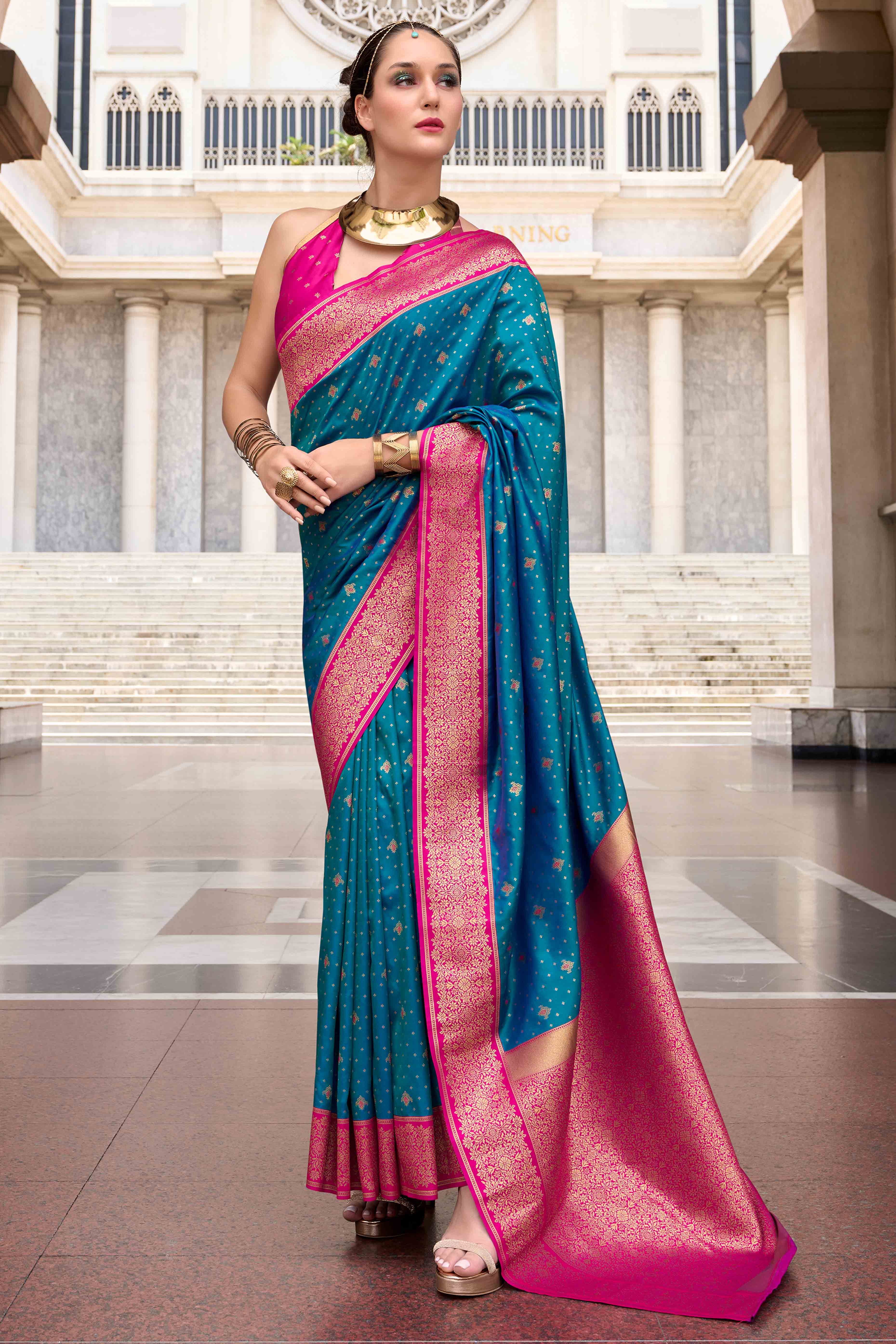 Morpich Blue Floral Woven Pure Silk Saree