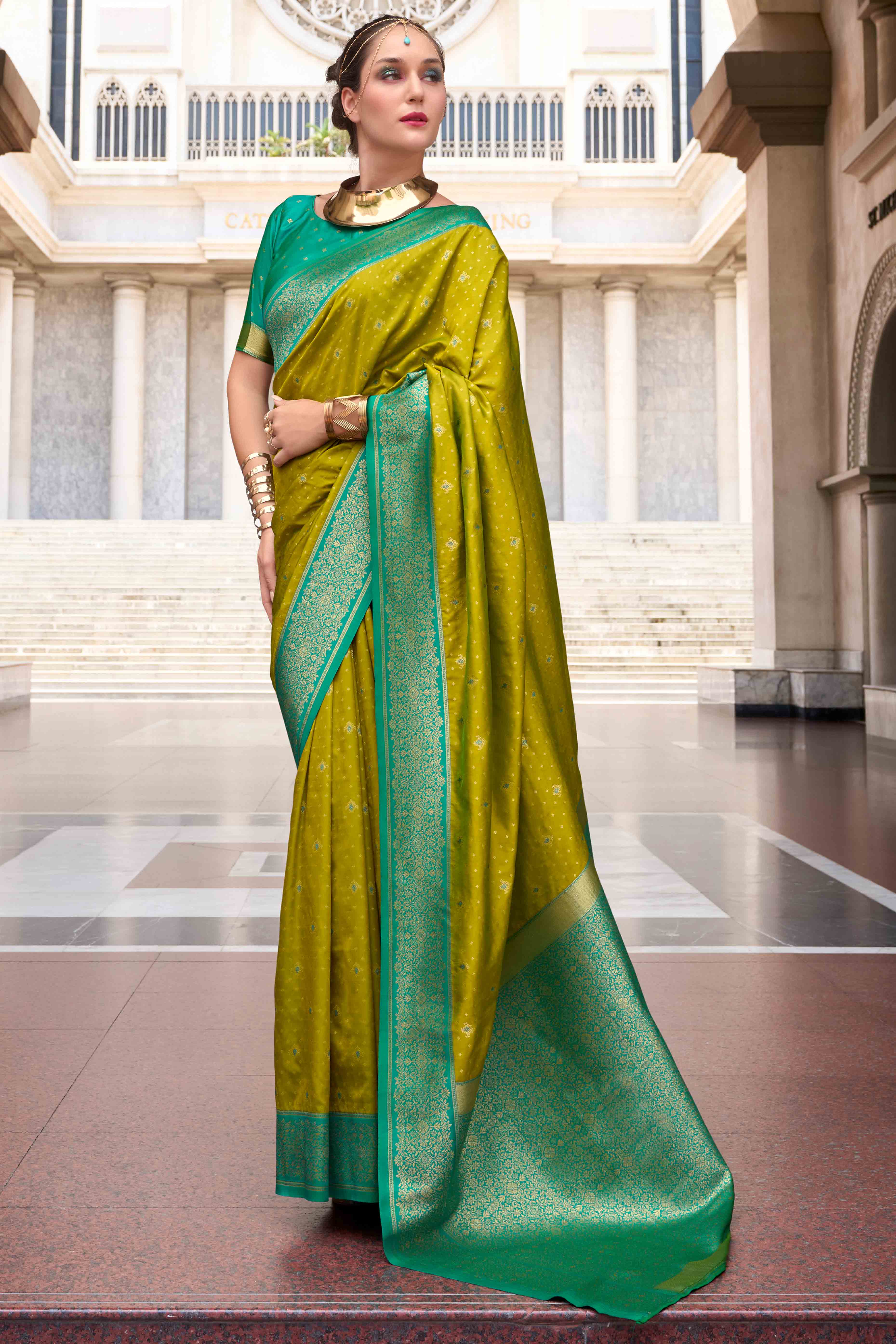 Olive Floral Woven Pure Silk Saree