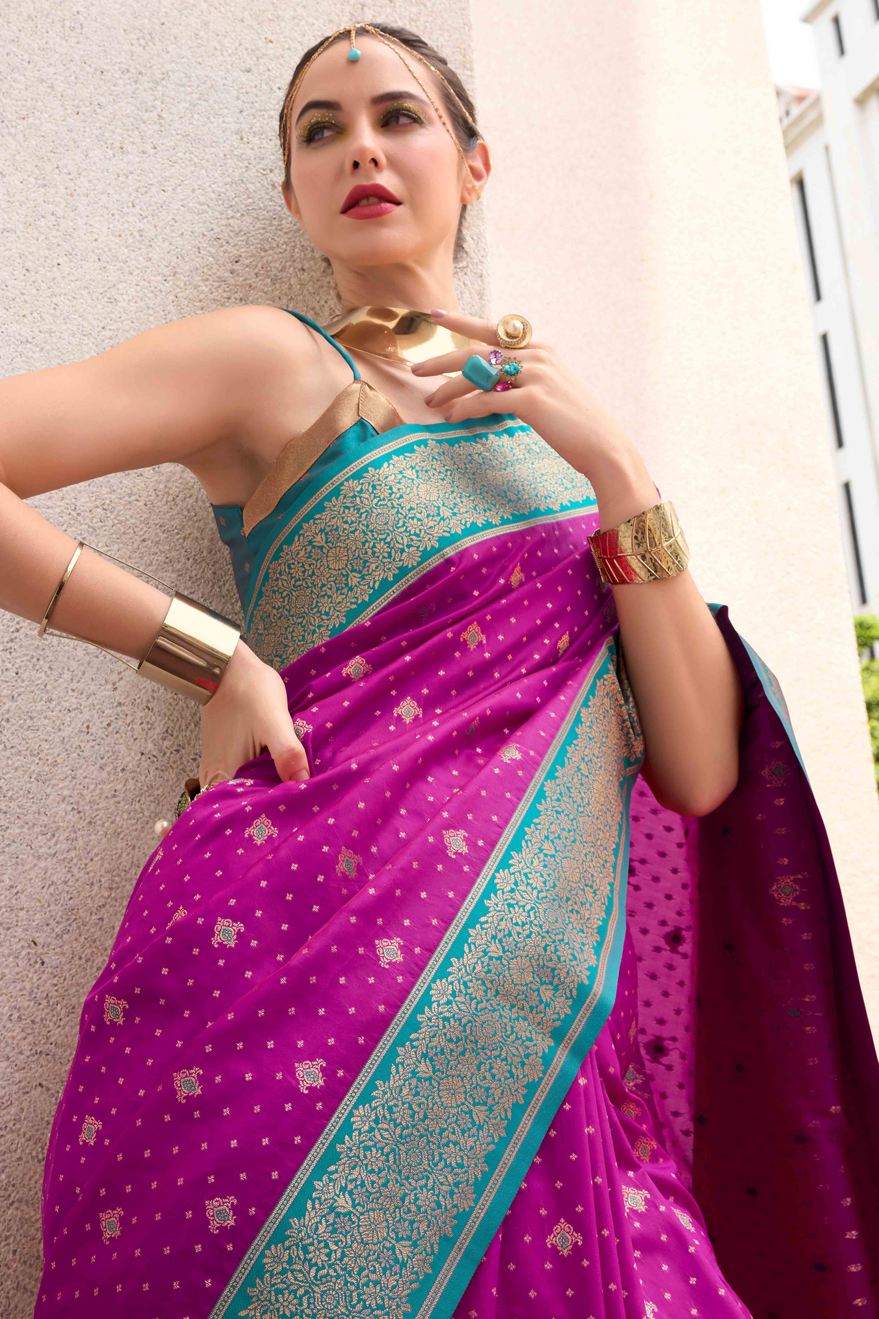 Magenta Floral Woven Pure Silk Saree