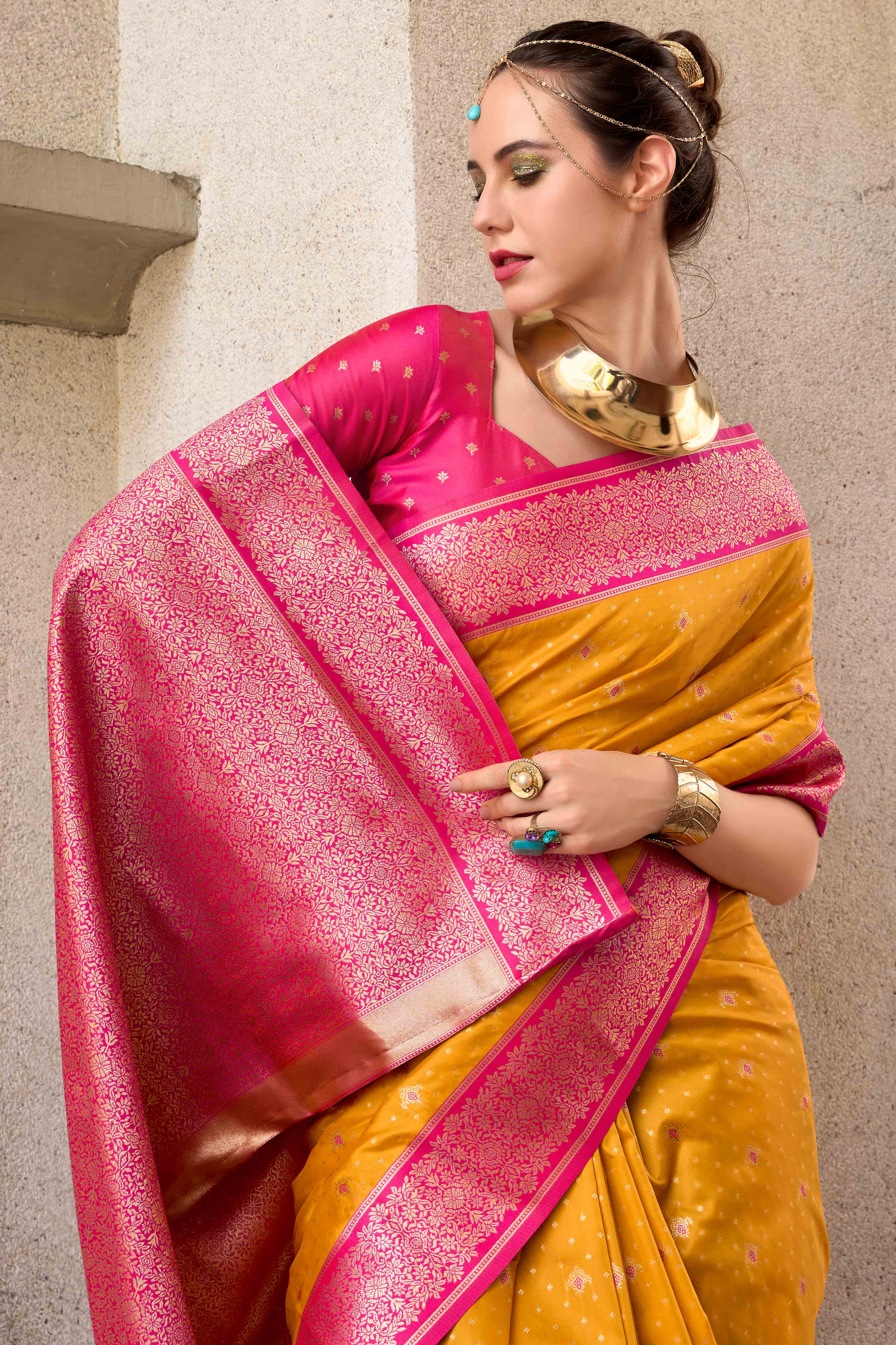 Mustard Floral Woven Pure Silk Saree