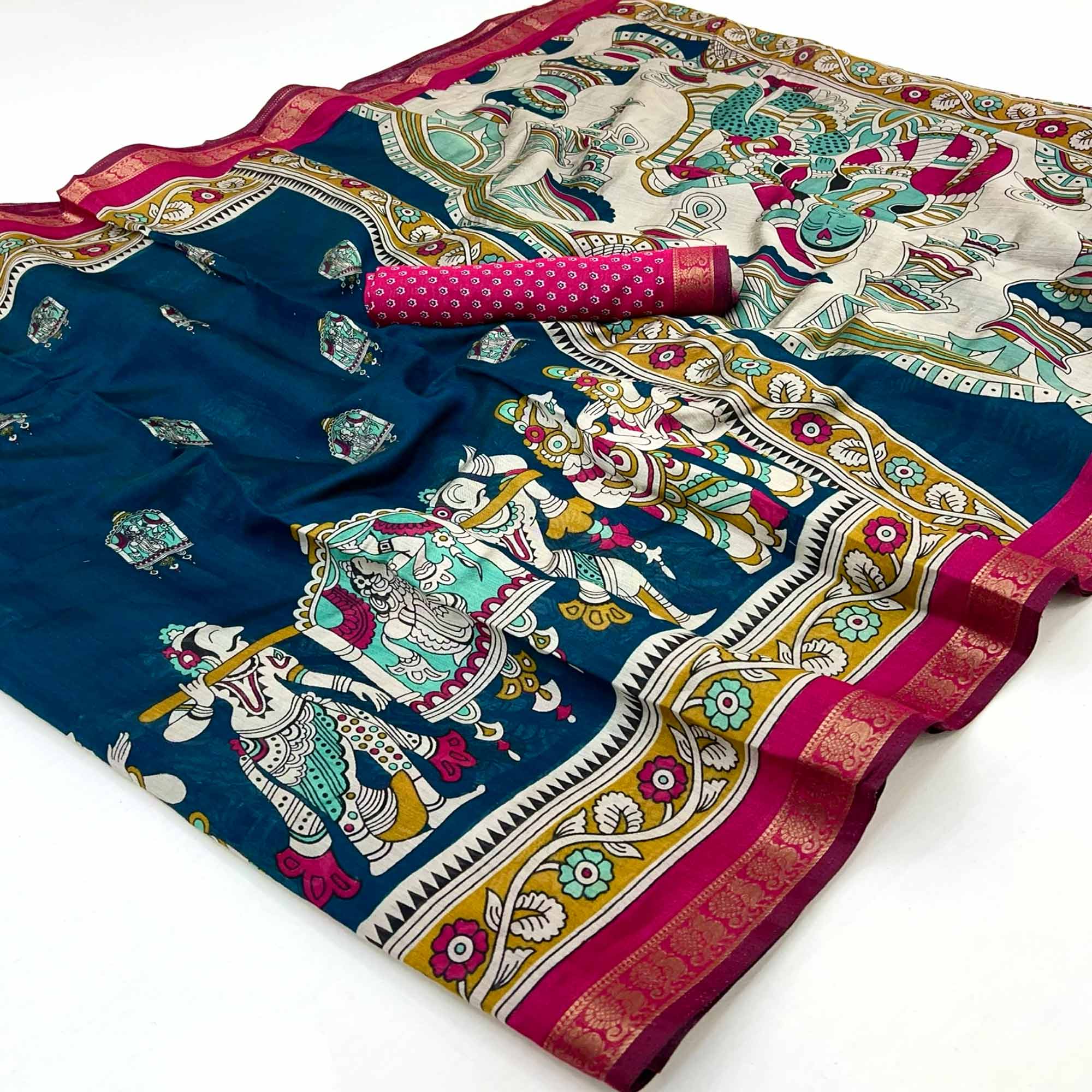 Mangalagiri Cotton Silk Saree in Teal with Artistic Pattachitra Prints