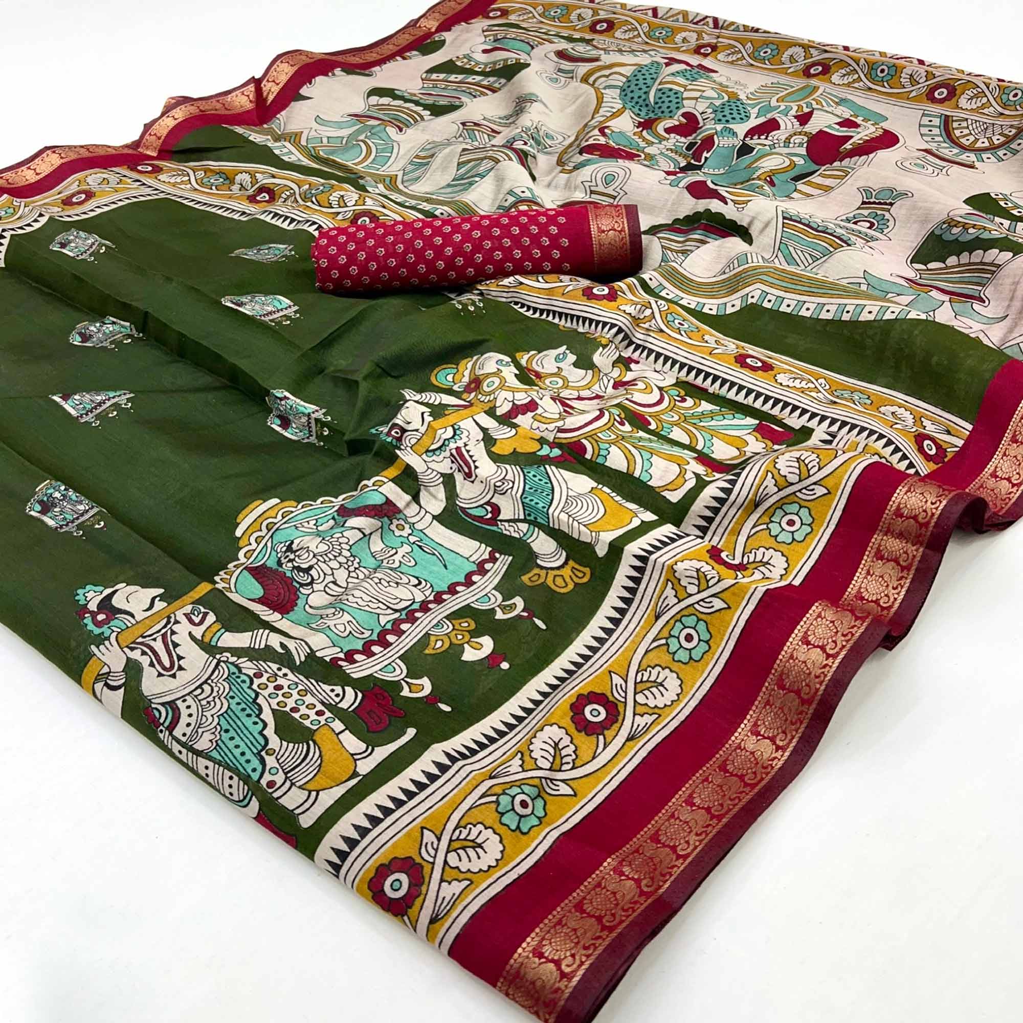 Mangalagiri Cotton Silk Saree in Green with Artistic Pattachitra Prints