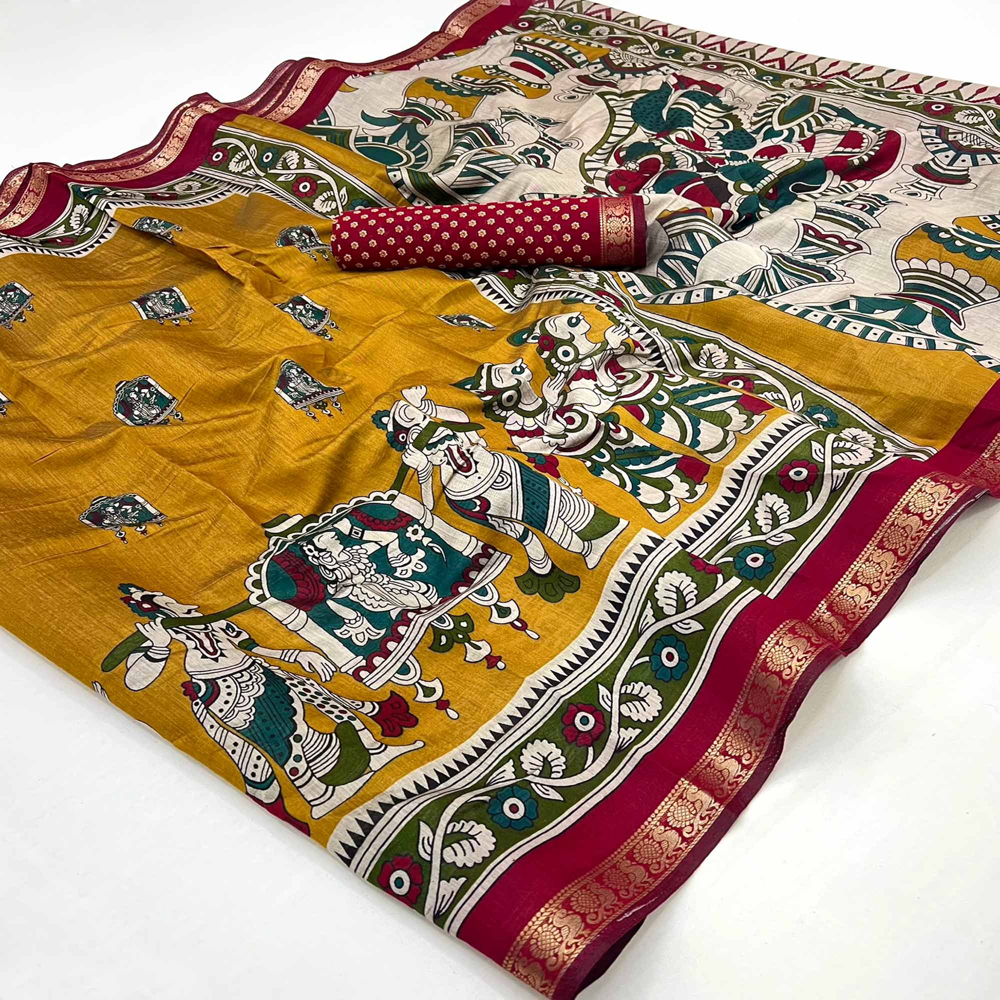 Mangalagiri Cotton Silk Saree in Mustard with Artistic Pattachitra Prints