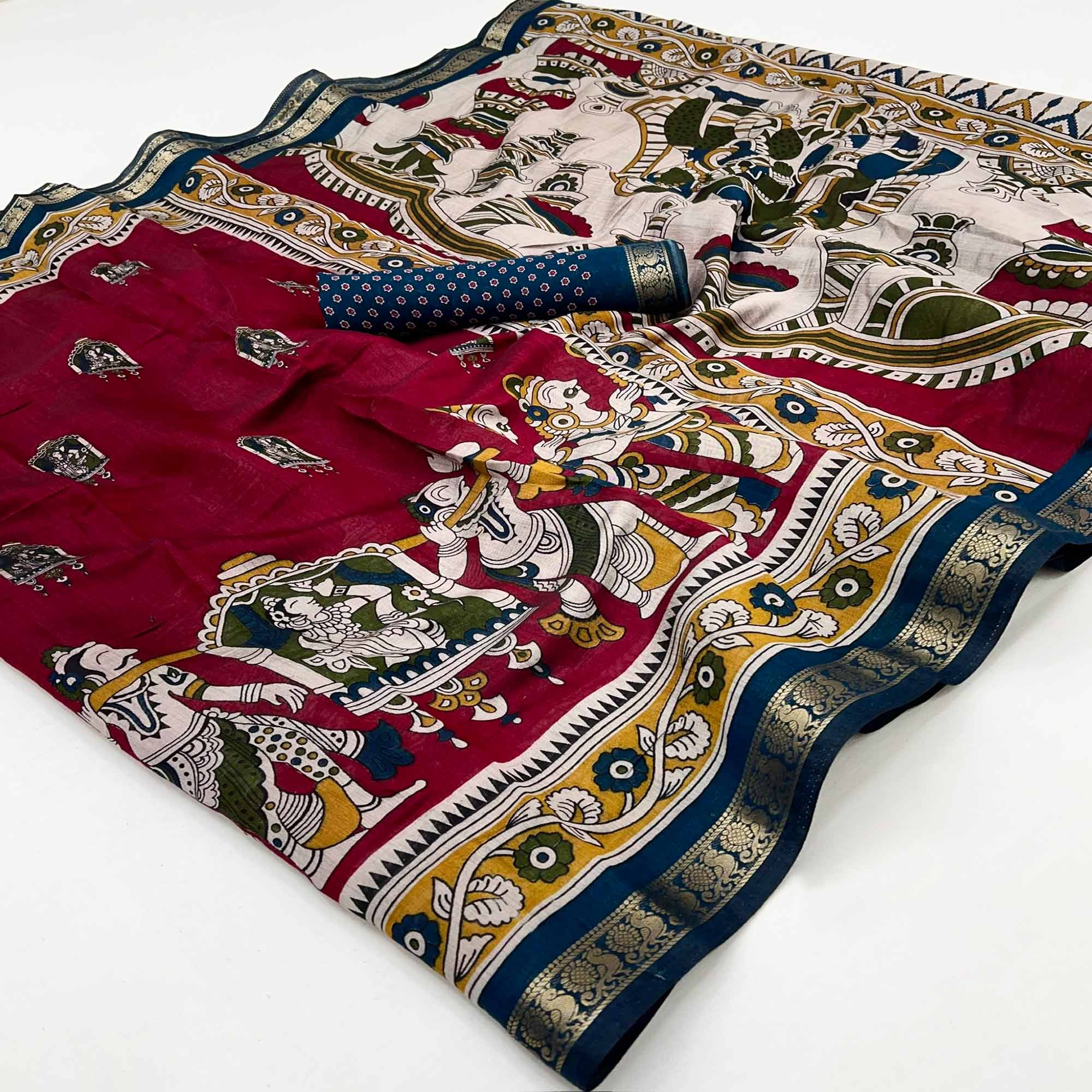 Mangalagiri Cotton Silk Saree in Maroon with Artistic Pattachitra Prints