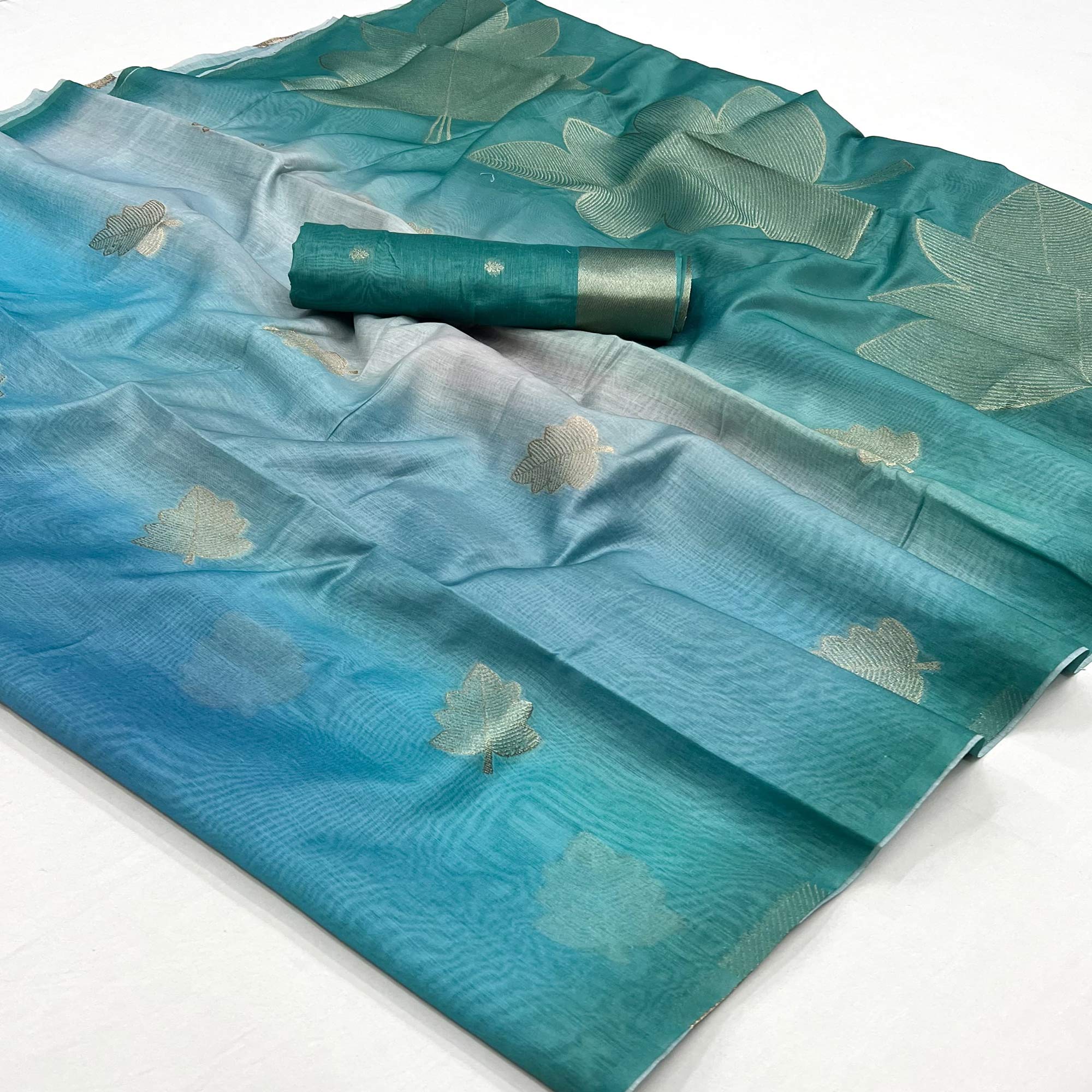 Teal Blue Silk Blend Saree With Intricate Zari Leaf Motifs