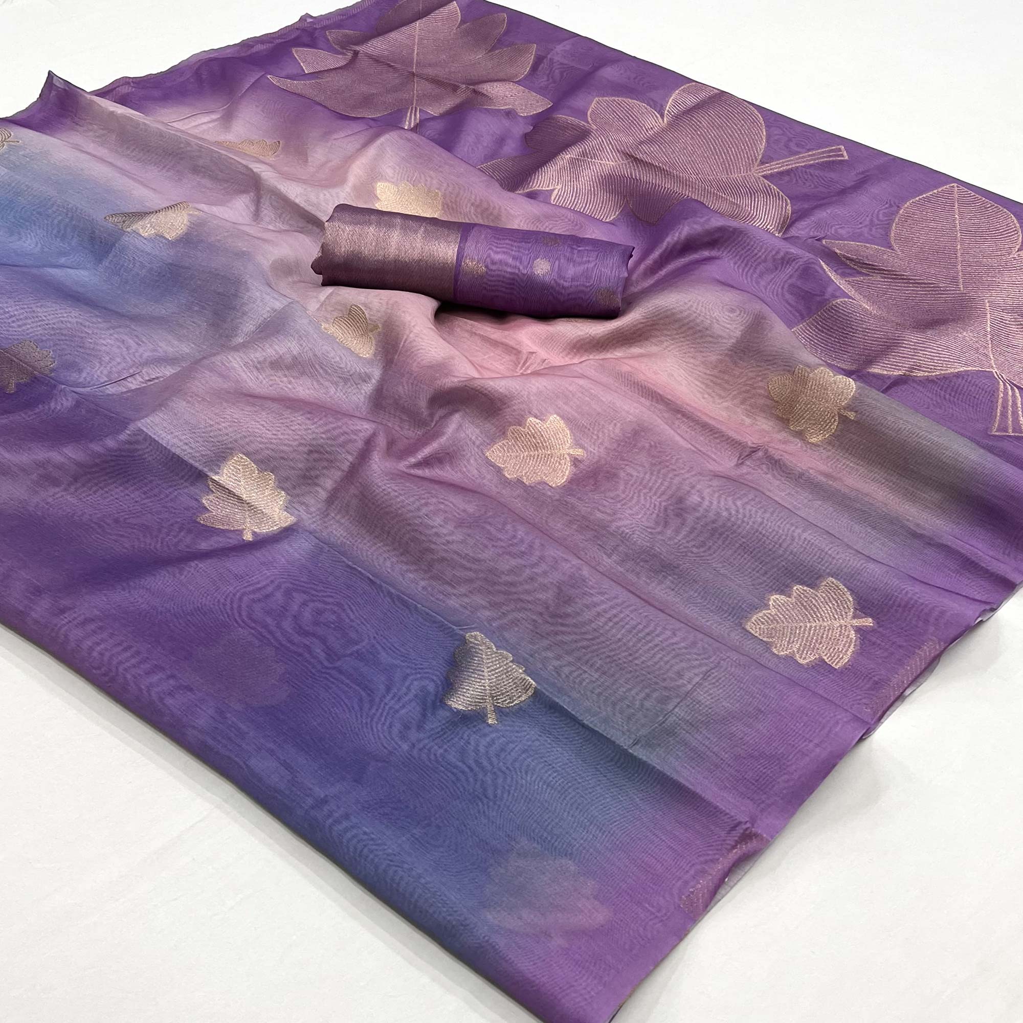 Purple Silk Blend Saree With Intricate Zari Leaf Motifs