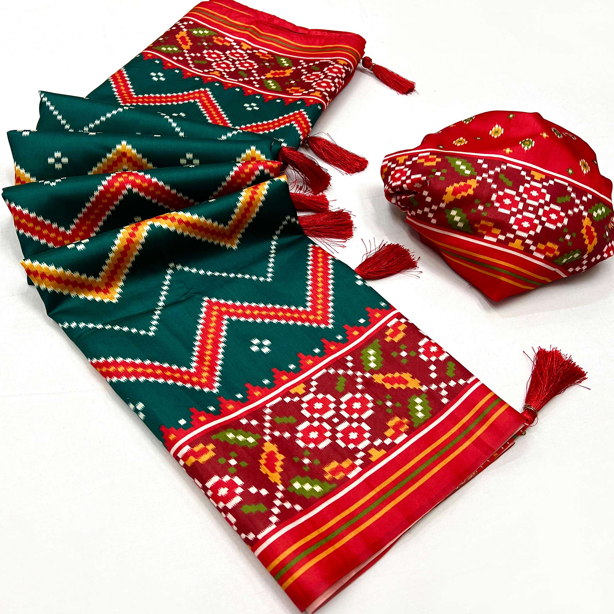 Teal Green Patola Printed Tussar Silk Saree With Tassels