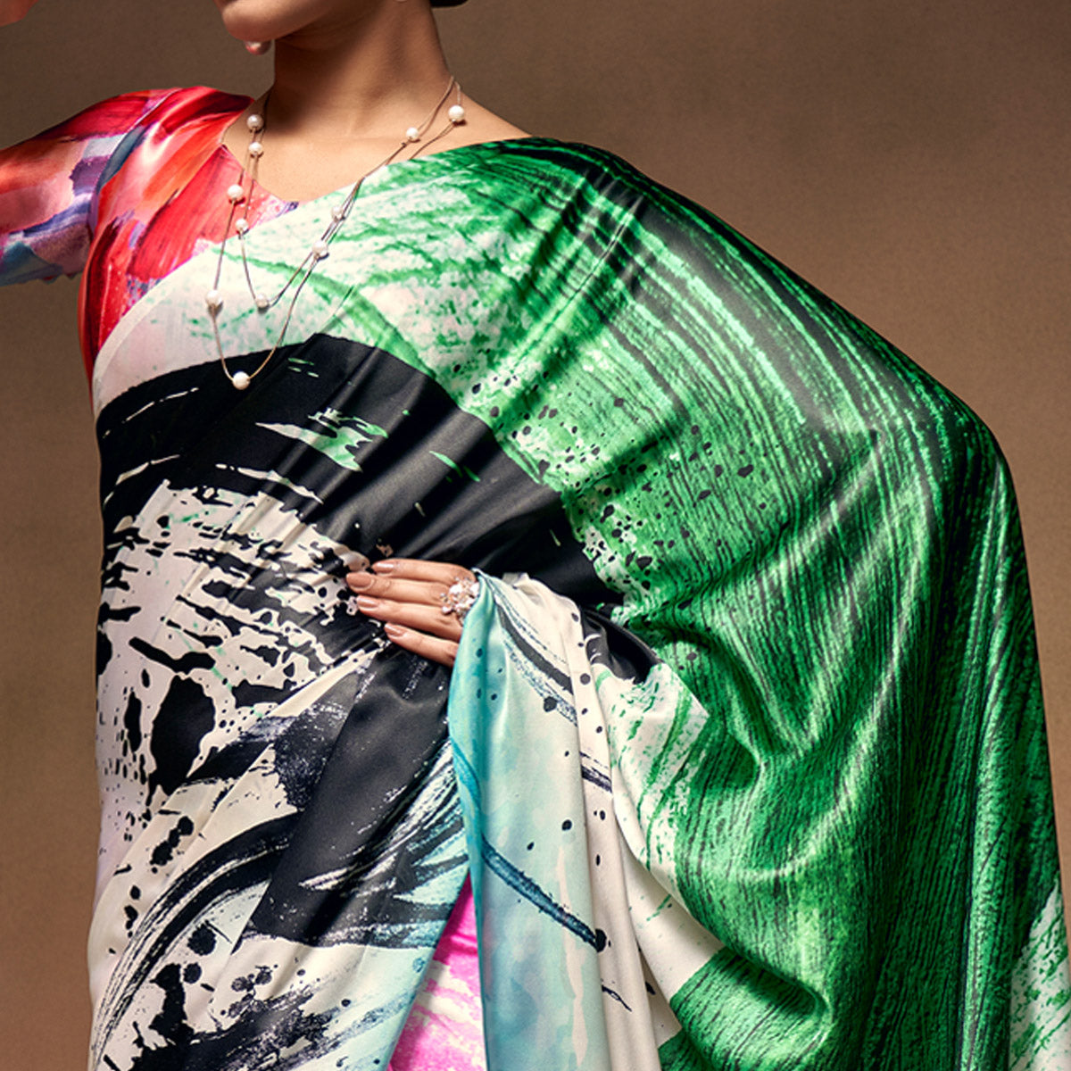 White Digital Printed Satin Saree