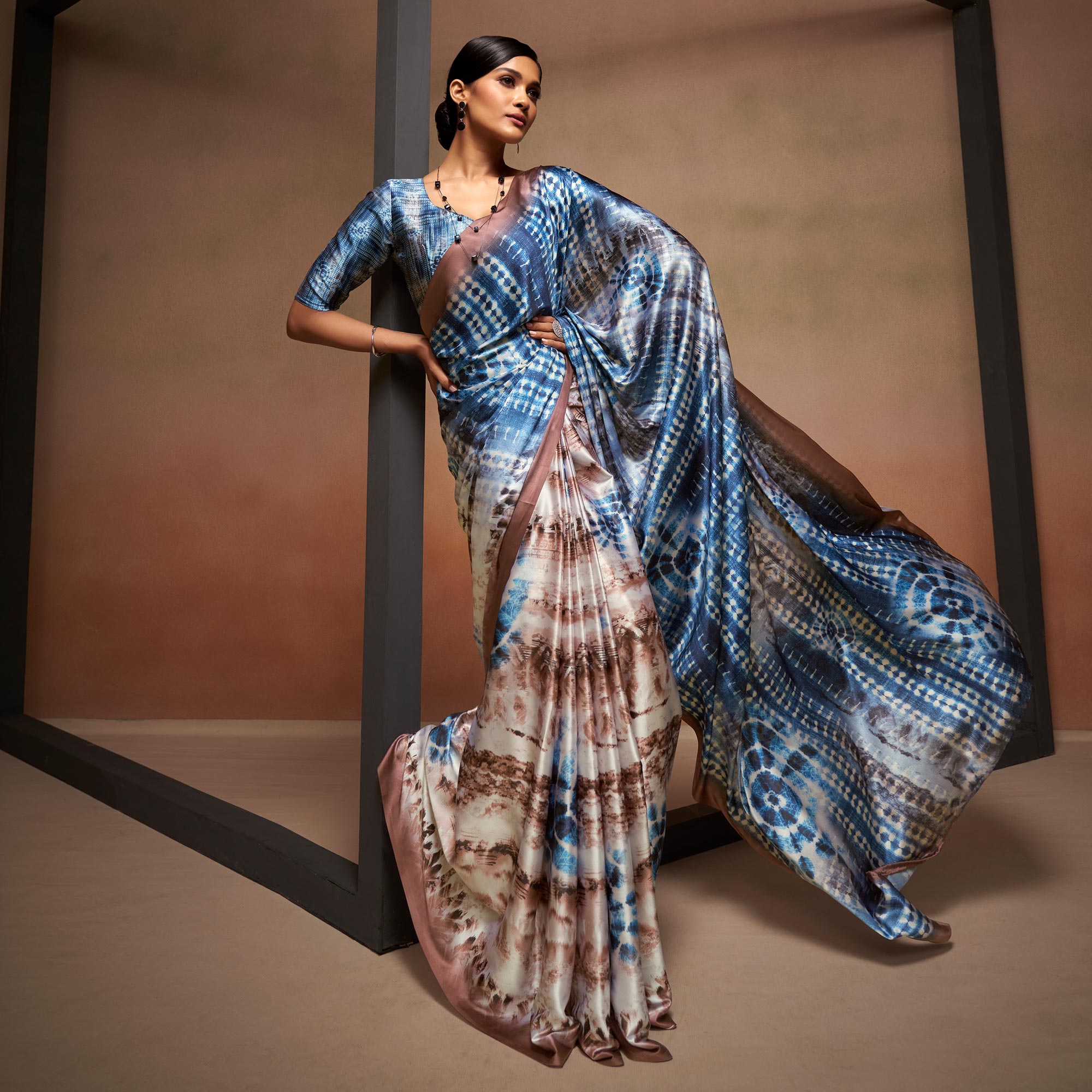 Blue & Cream Digital Printed Satin Saree
