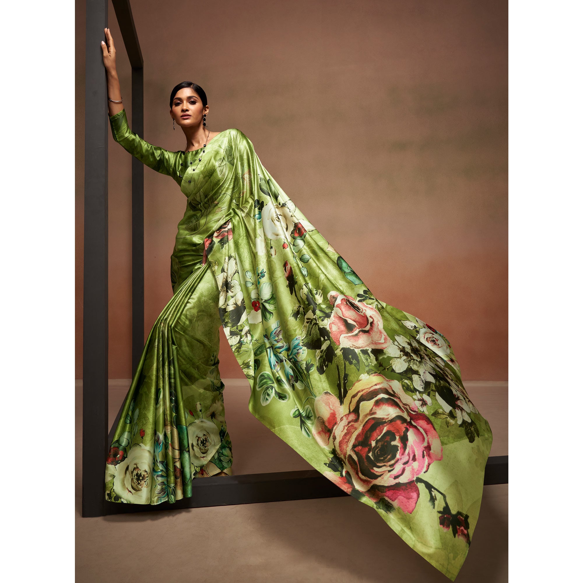 Green Digital Printed Satin Saree