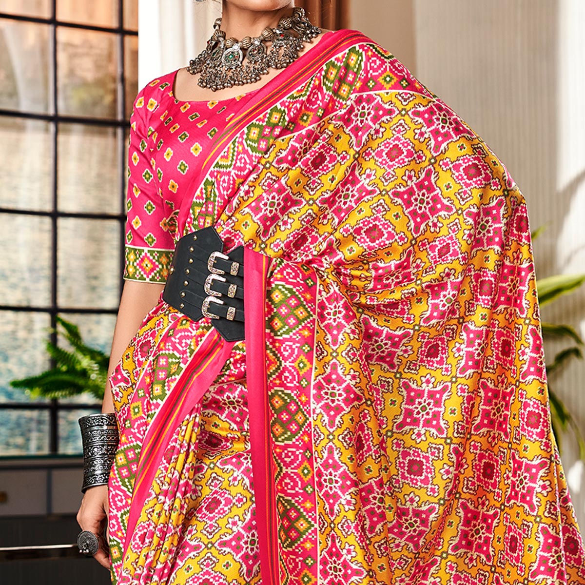Yellow & Pink Patola Printed Tussar Silk Saree