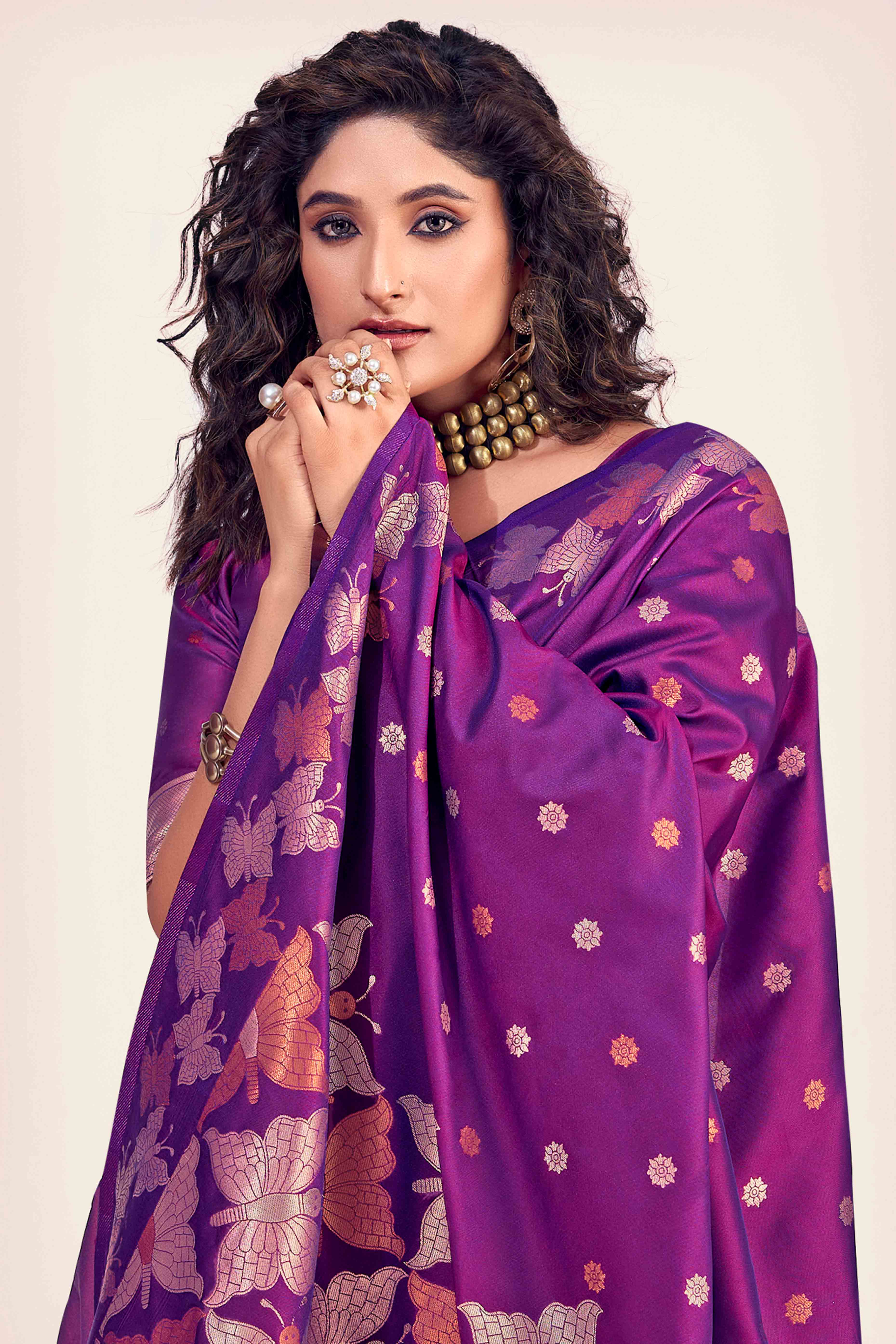 Purple Banarasi Silk Saree With Zari Woven Floral & Butterfly Motifs