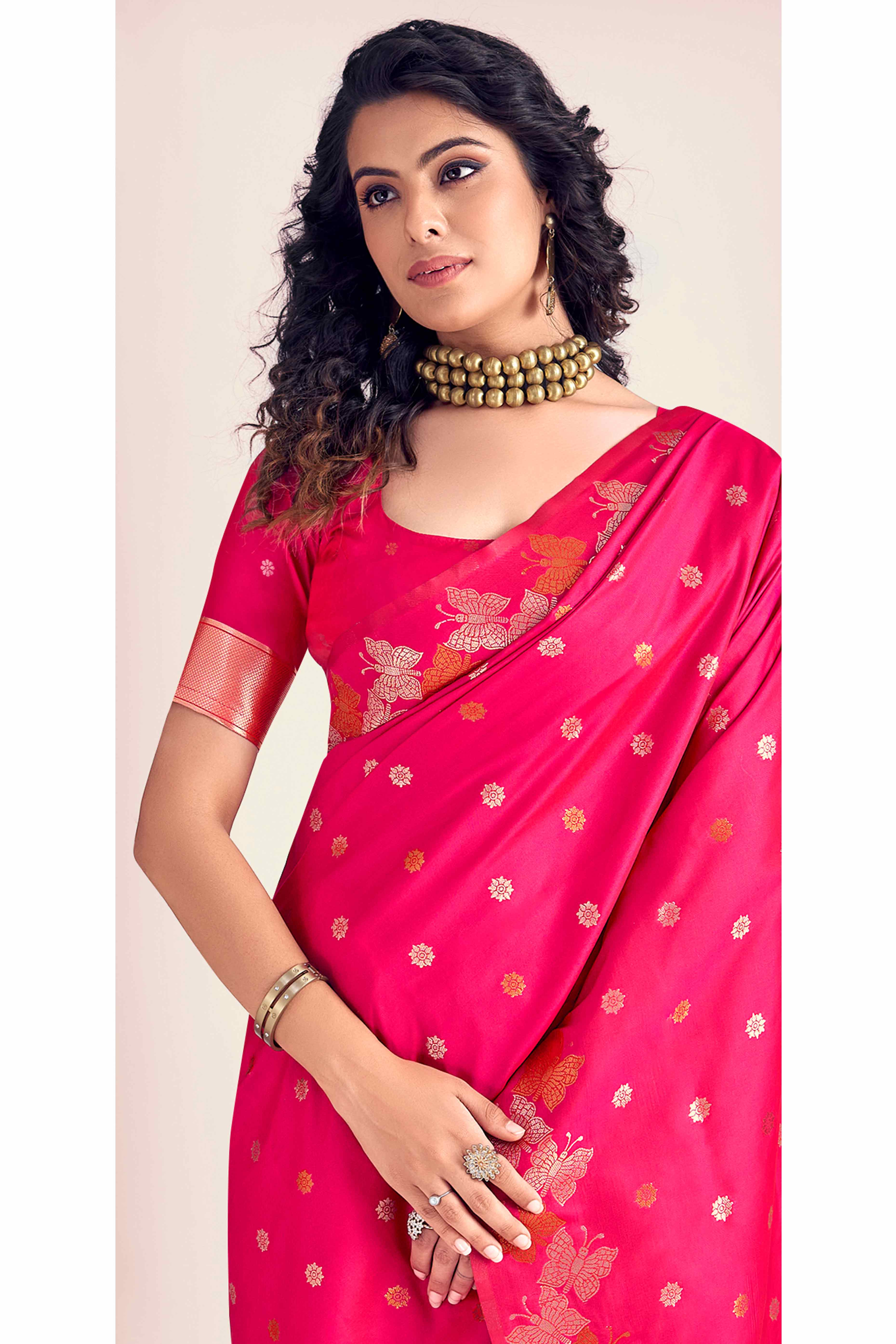 Pink Banarasi Silk Saree With Zari Woven Floral & Butterfly Motifs