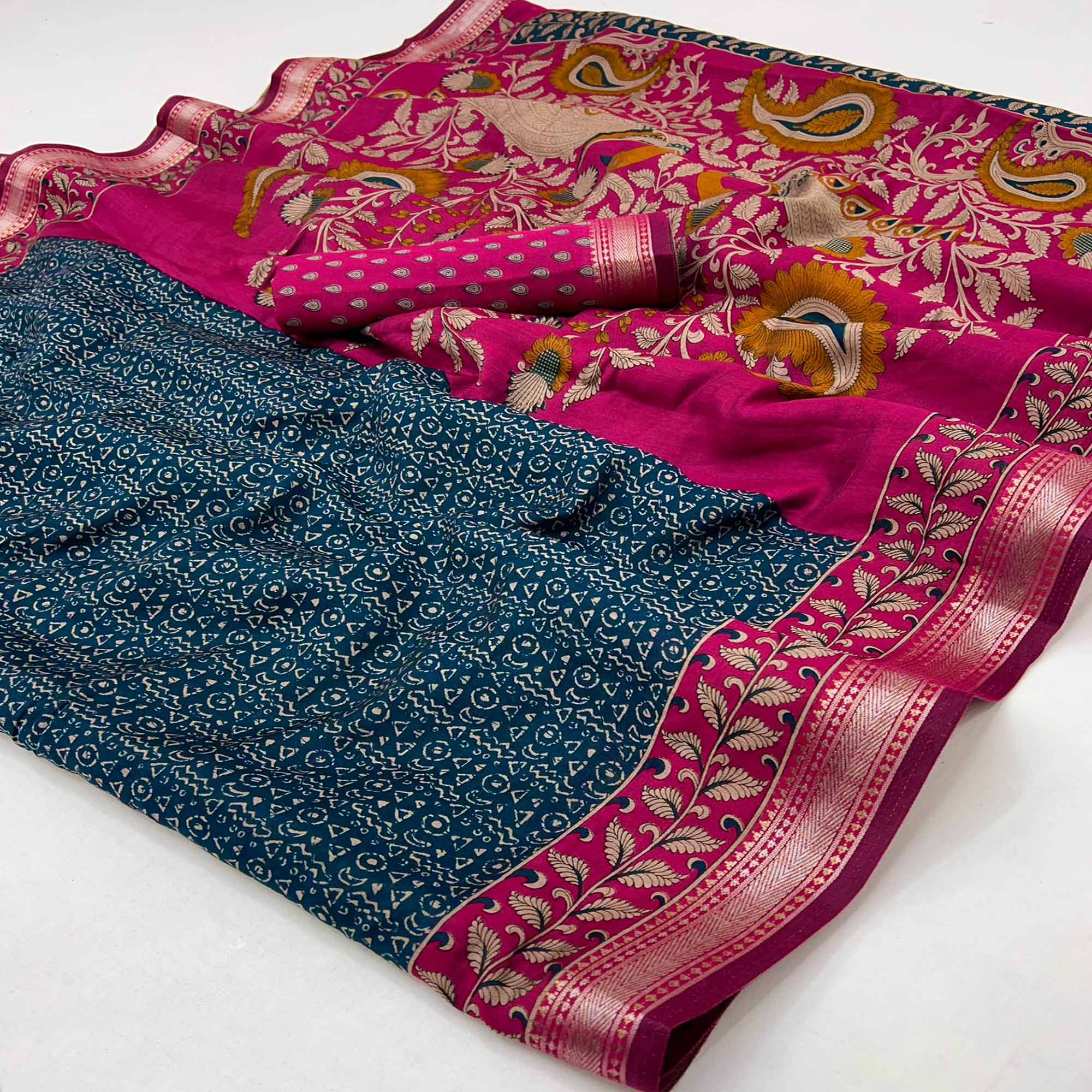 Pure Mulmul Cotton Saree in Teal with Heritage Block Prints and Zari Detailing