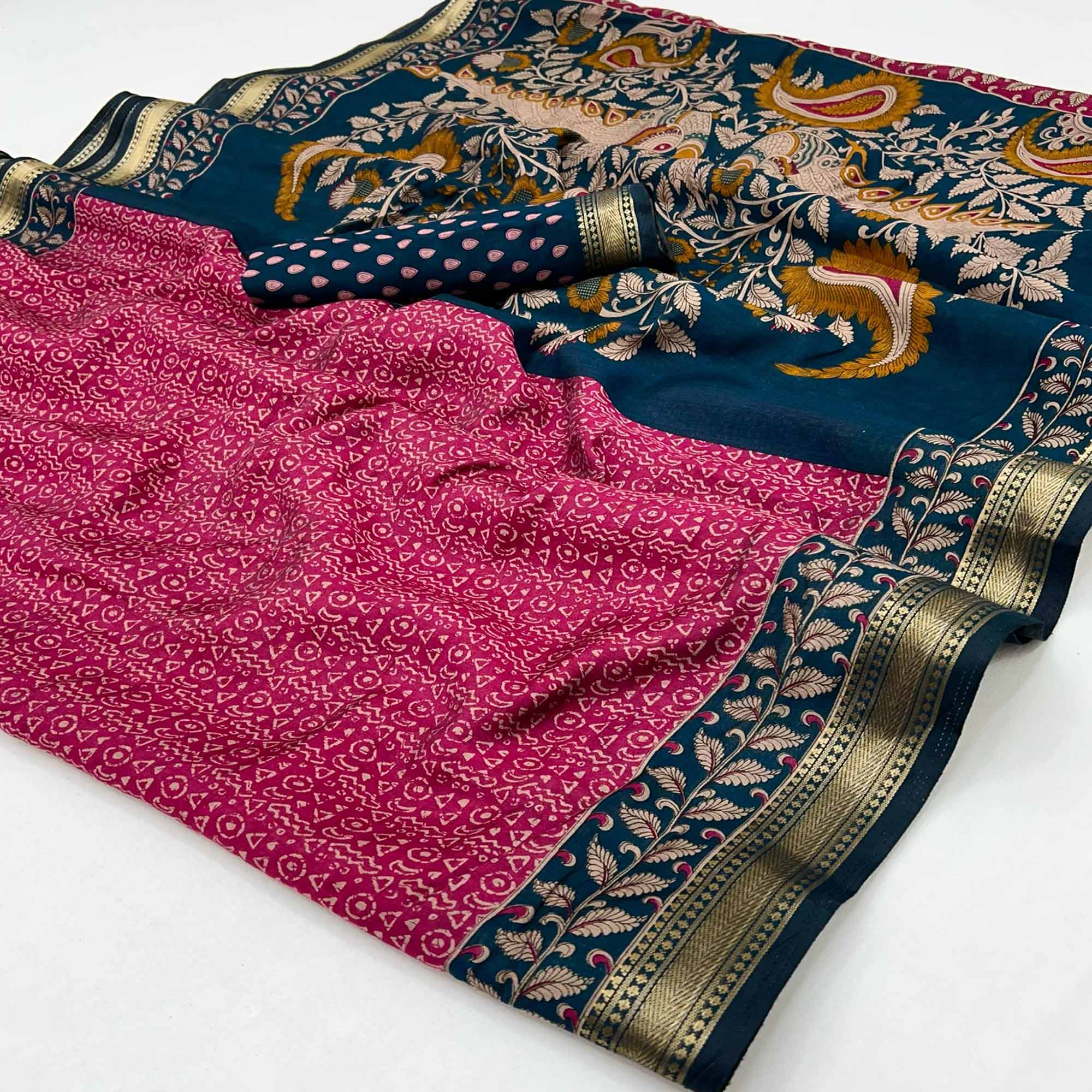 Pure Mulmul Cotton Saree in Pink with Heritage Block Prints and Zari Detailing